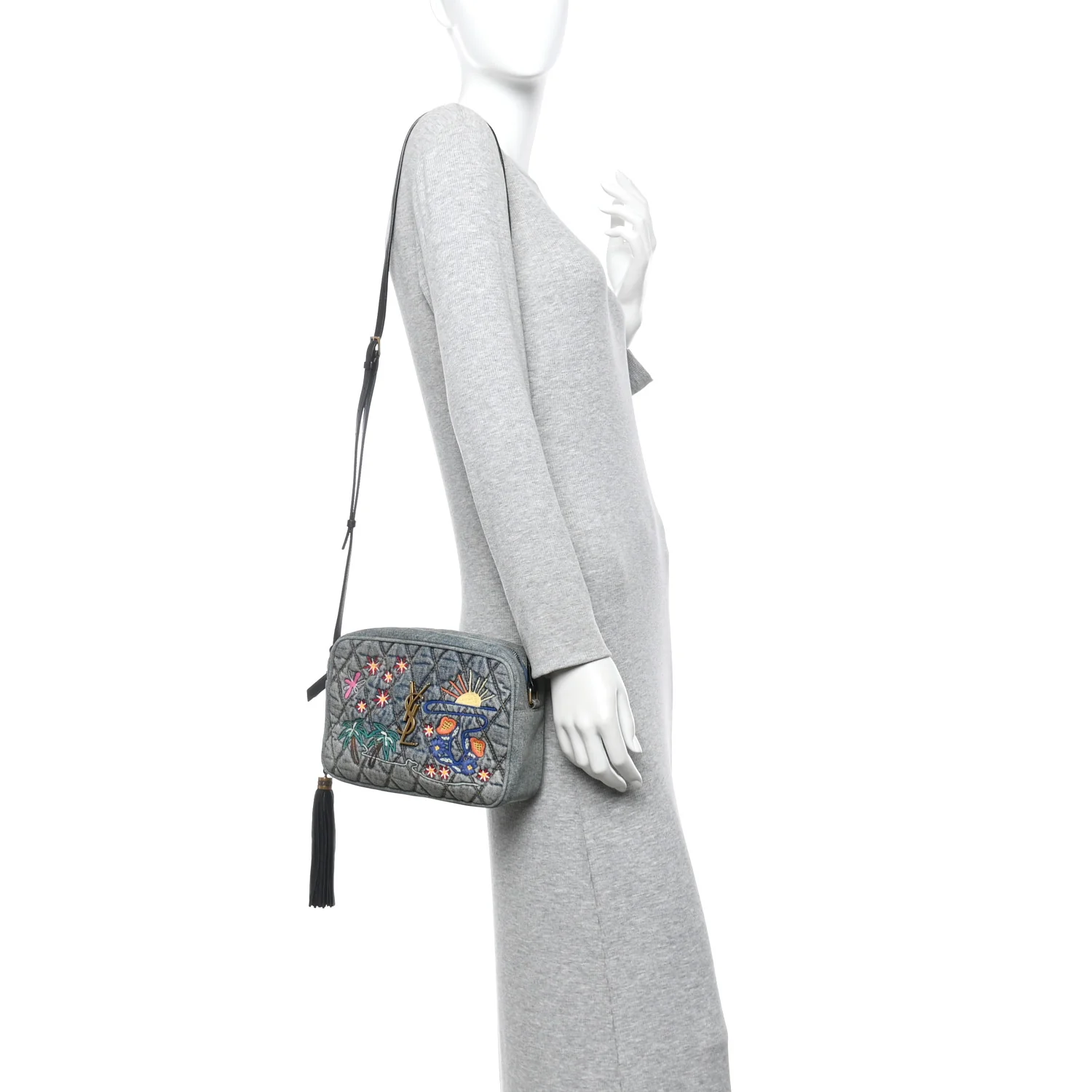 Denim Matelasse Quilted Summer Embroidered Classic Monogram Camera Bag Blue - Image 2