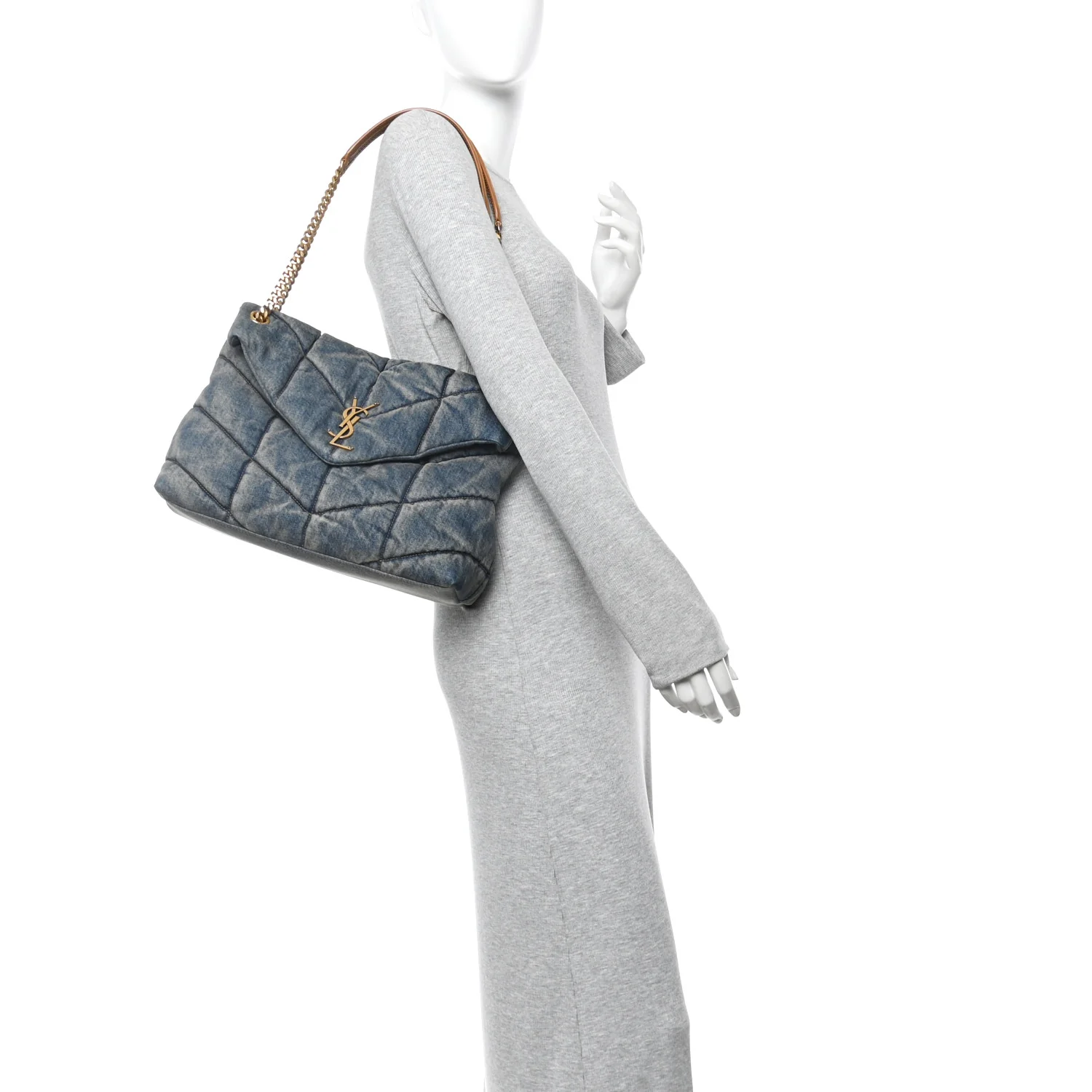 Denim Quilted Medium Loulou Puffer Monogram Chain Satchel Blue Cinnamon - Image 2