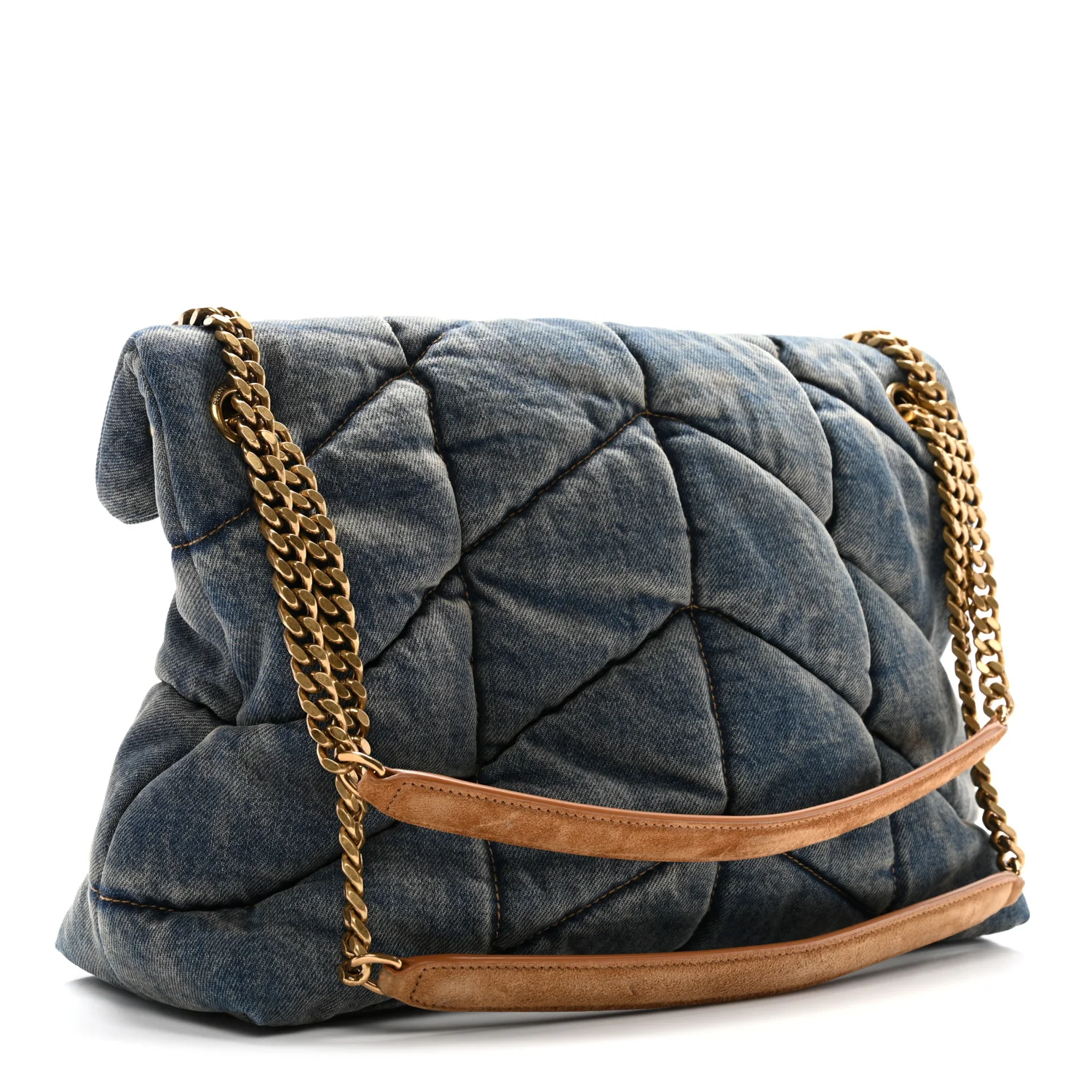 Denim Quilted Medium Loulou Puffer Monogram Chain Satchel Blue Cinnamon - Image 3