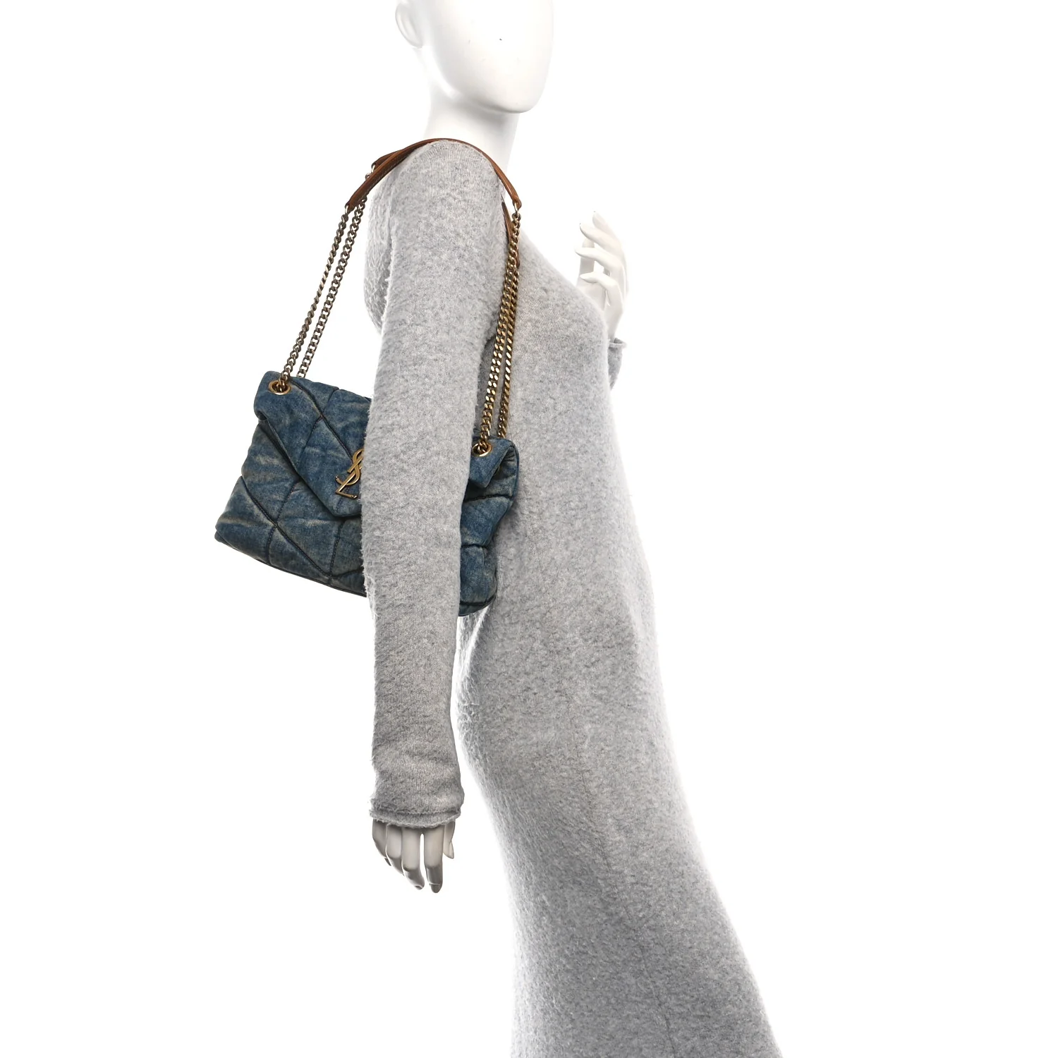 Denim Quilted Small Loulou Puffer Monogram Chain Satchel Blue Cinnamon - Image 2