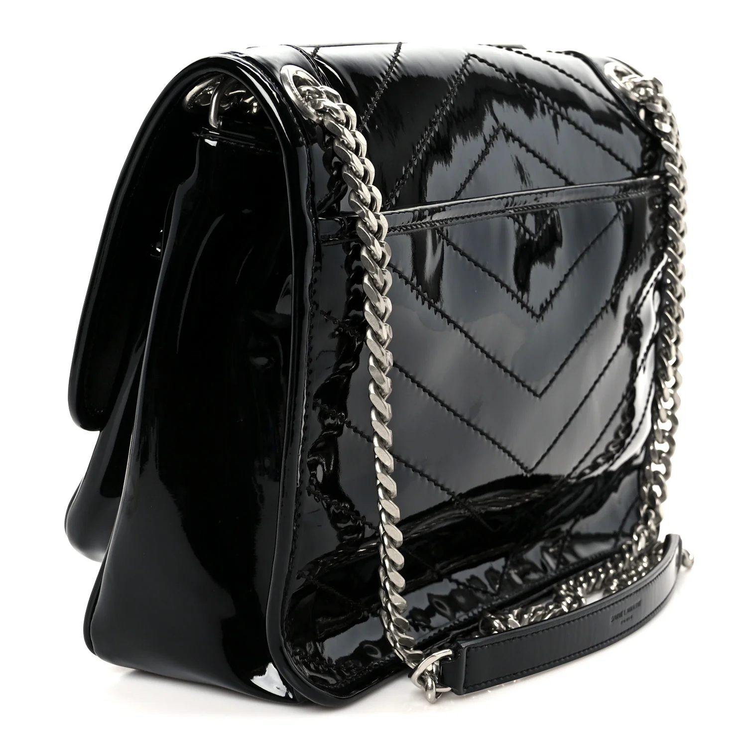 Faux Patent Matelasse Monogram Medium Niki Chain Satchel Black - Image 3