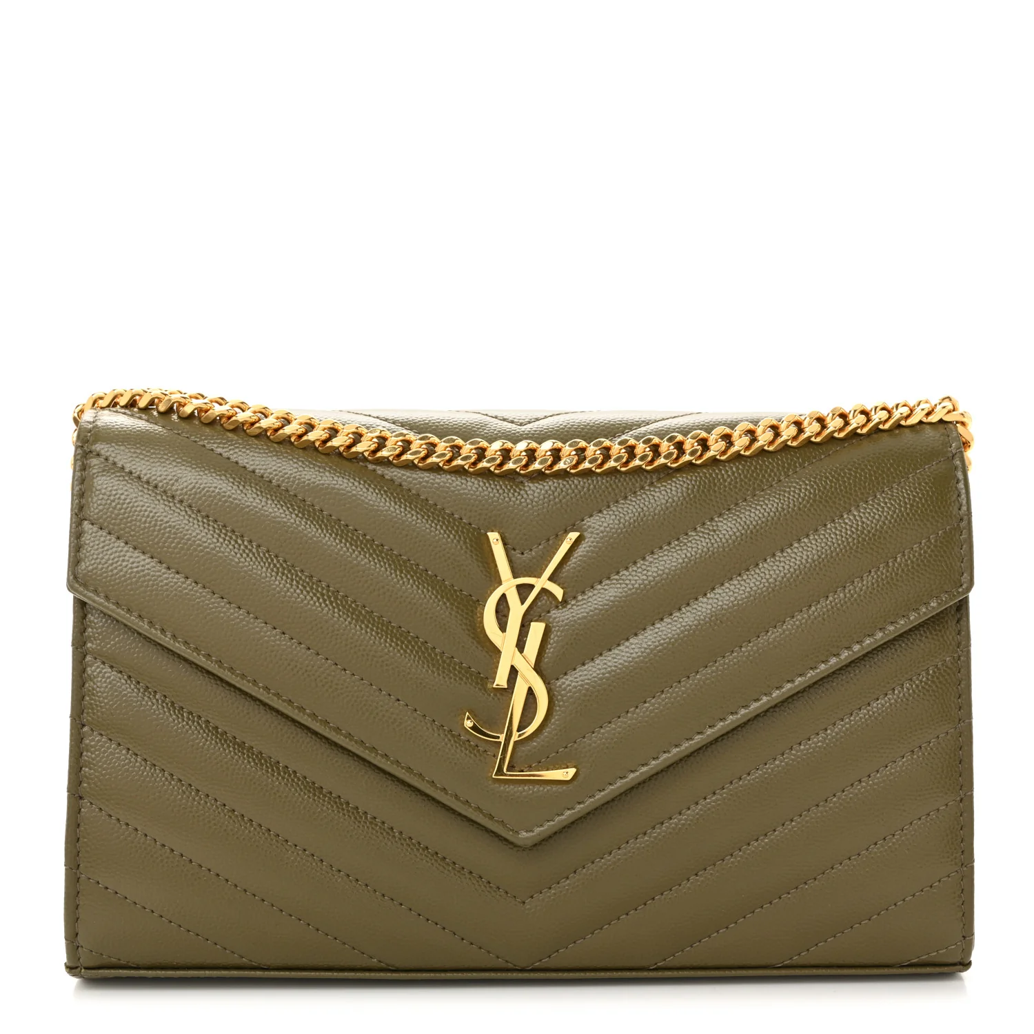 Grain De Poudre Matelasse Chevron Monogram Chain Wallet Vert Kaki
