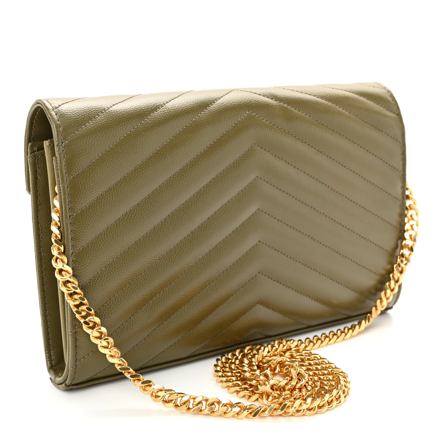 Grain De Poudre Matelasse Chevron Monogram Chain Wallet Vert Kaki - Image 3