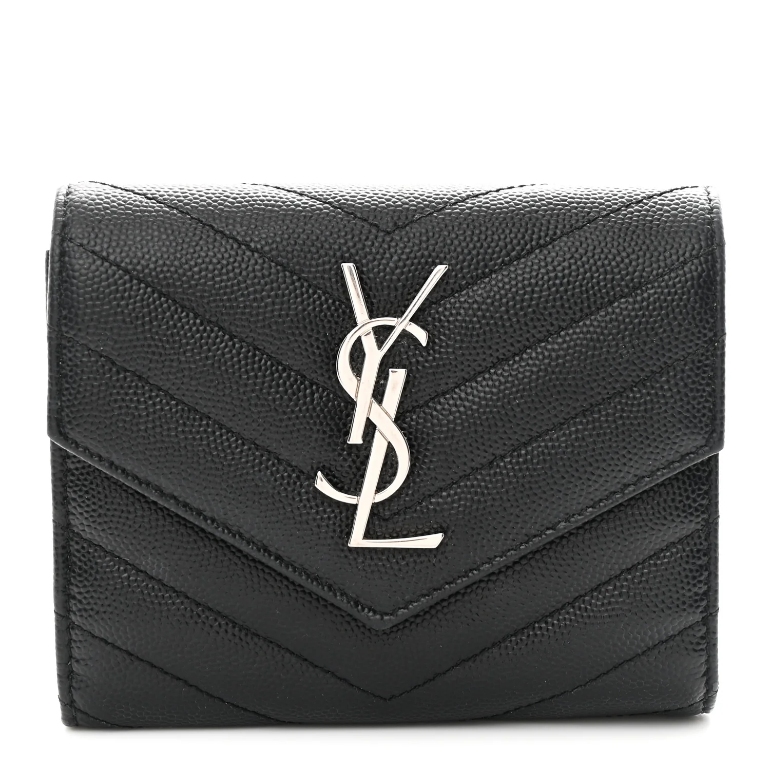 Grain De Poudre Matelasse Chevron Monogram Compact Tri Fold Wallet Black
