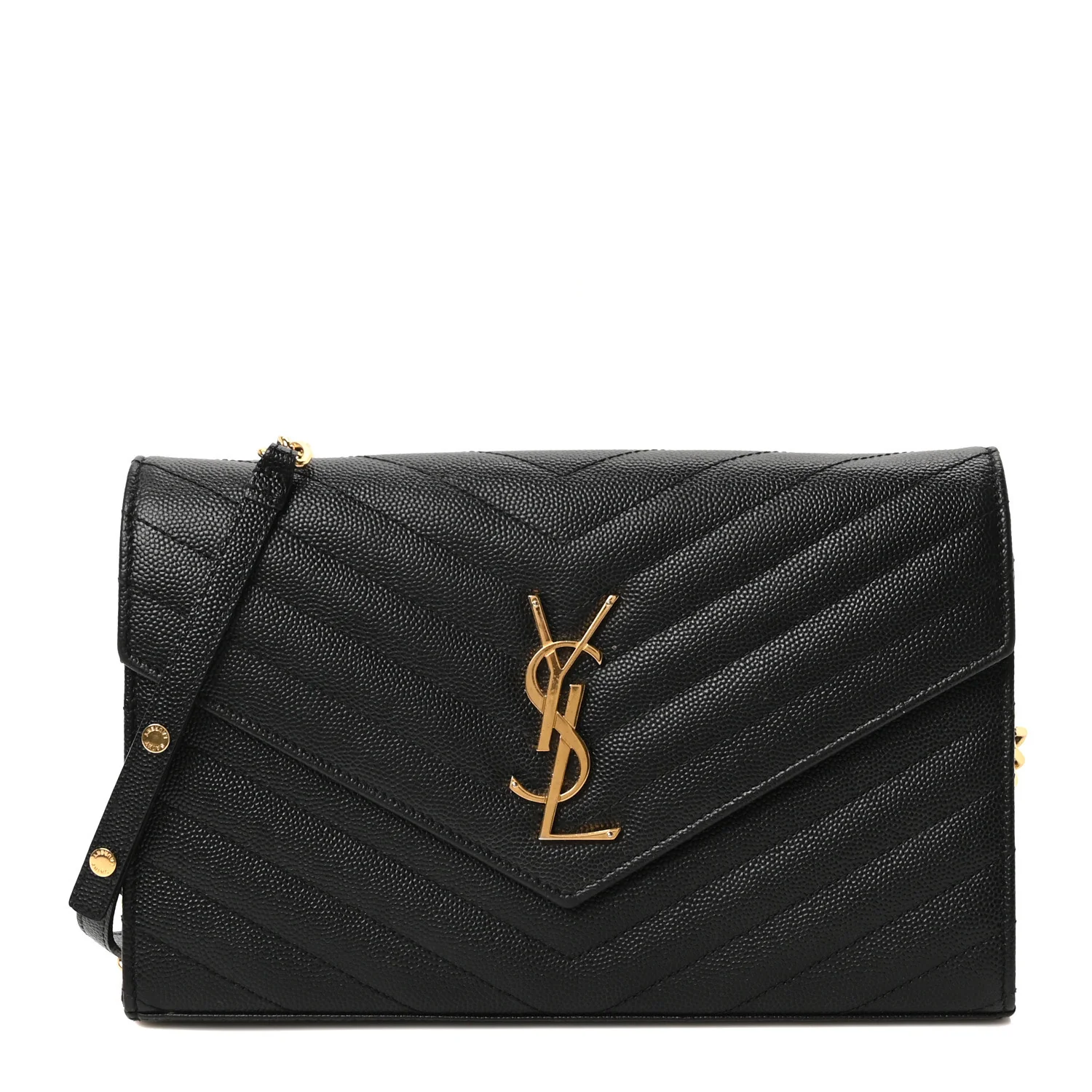 Grain De Poudre Matelasse Chevron Monogram Envelope Chain Wallet Black