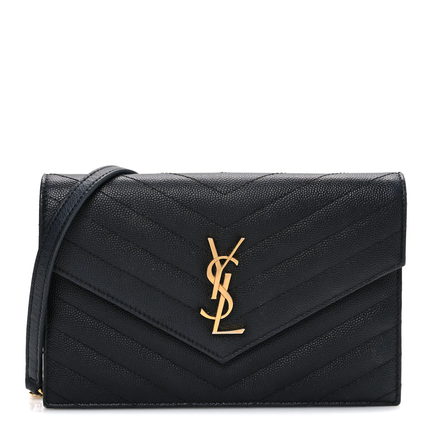 Grain De Poudre Matelasse Chevron Monogram Envelope Chain Wallet Black