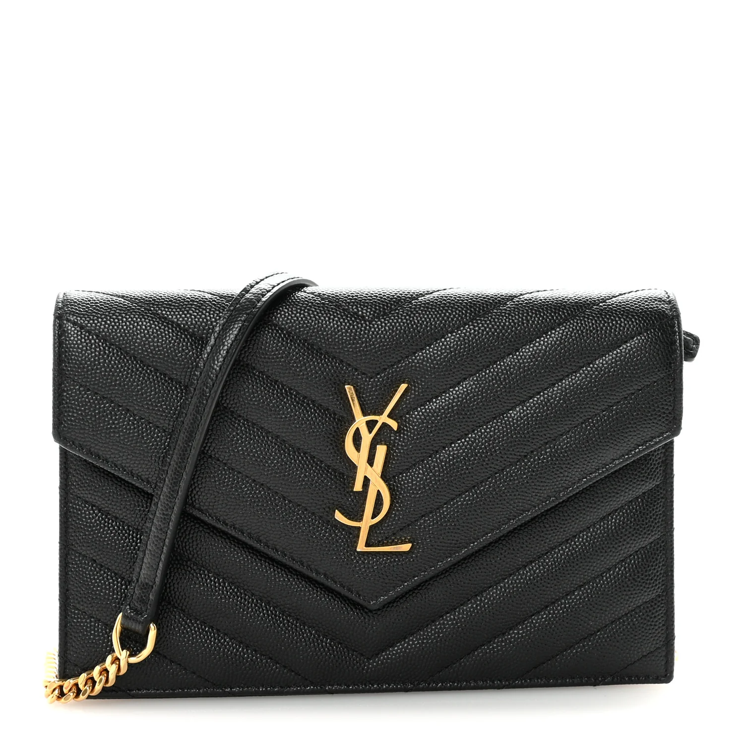 Grain De Poudre Matelasse Chevron Monogram Envelope Chain Wallet Black