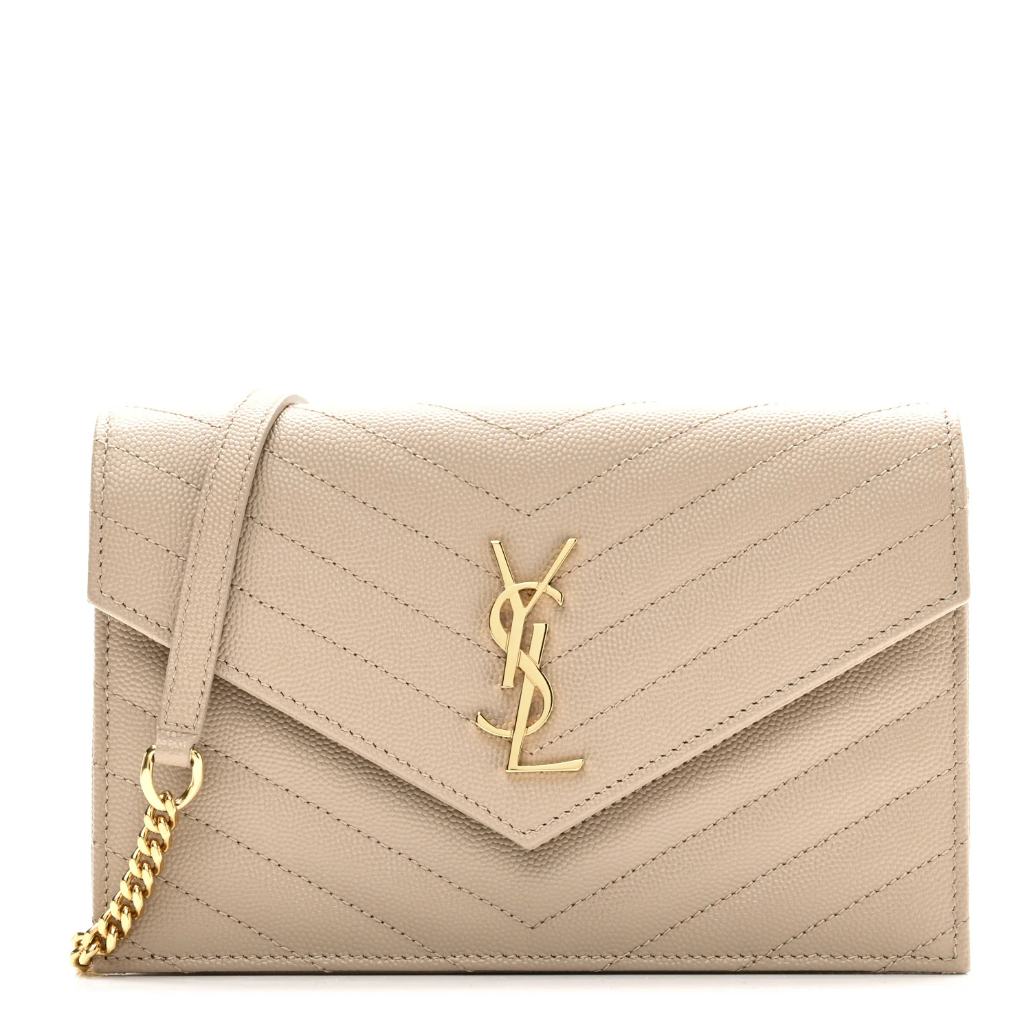 Grain De Poudre Matelasse Chevron Monogram Envelope Chain Wallet Dark Beige
