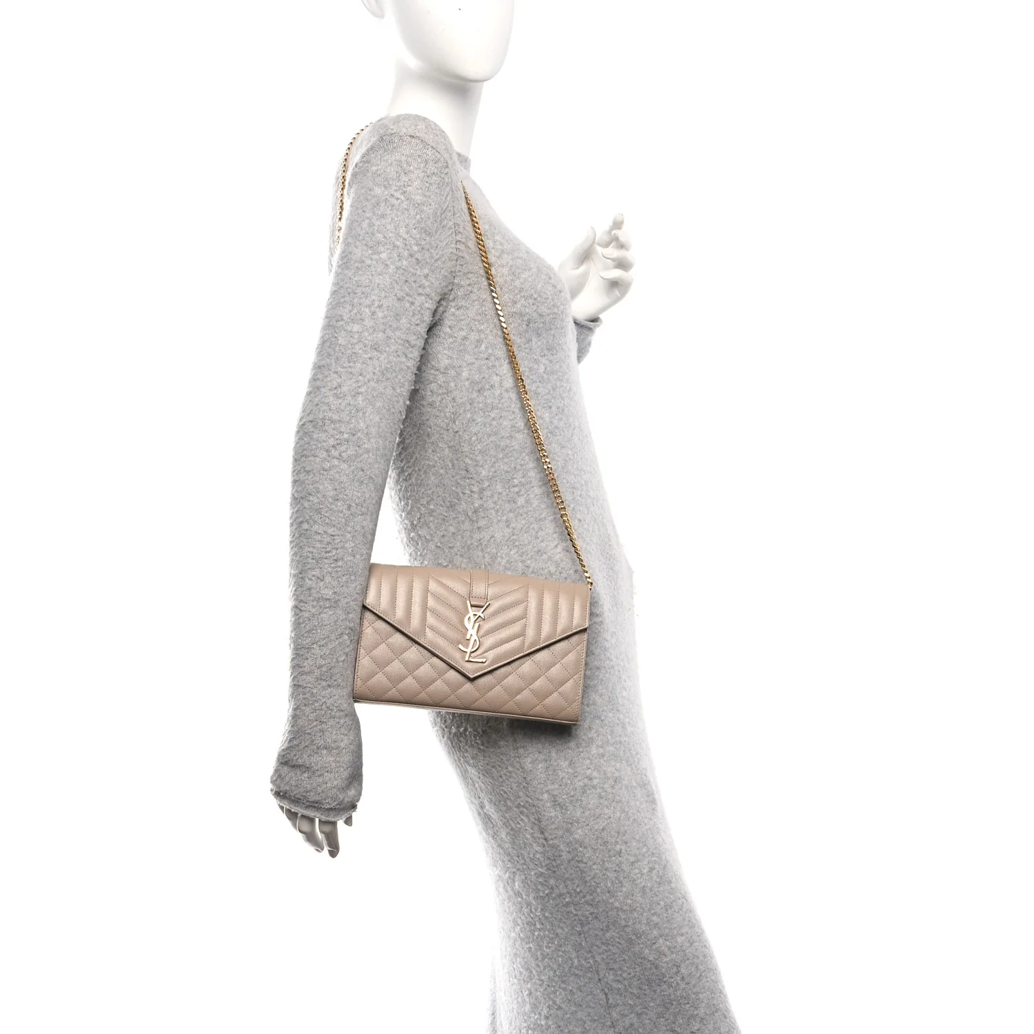 Grain De Poudre Mixed Matelasse Triquilt Monogram Chain Wallet Dark Beige - Image 2