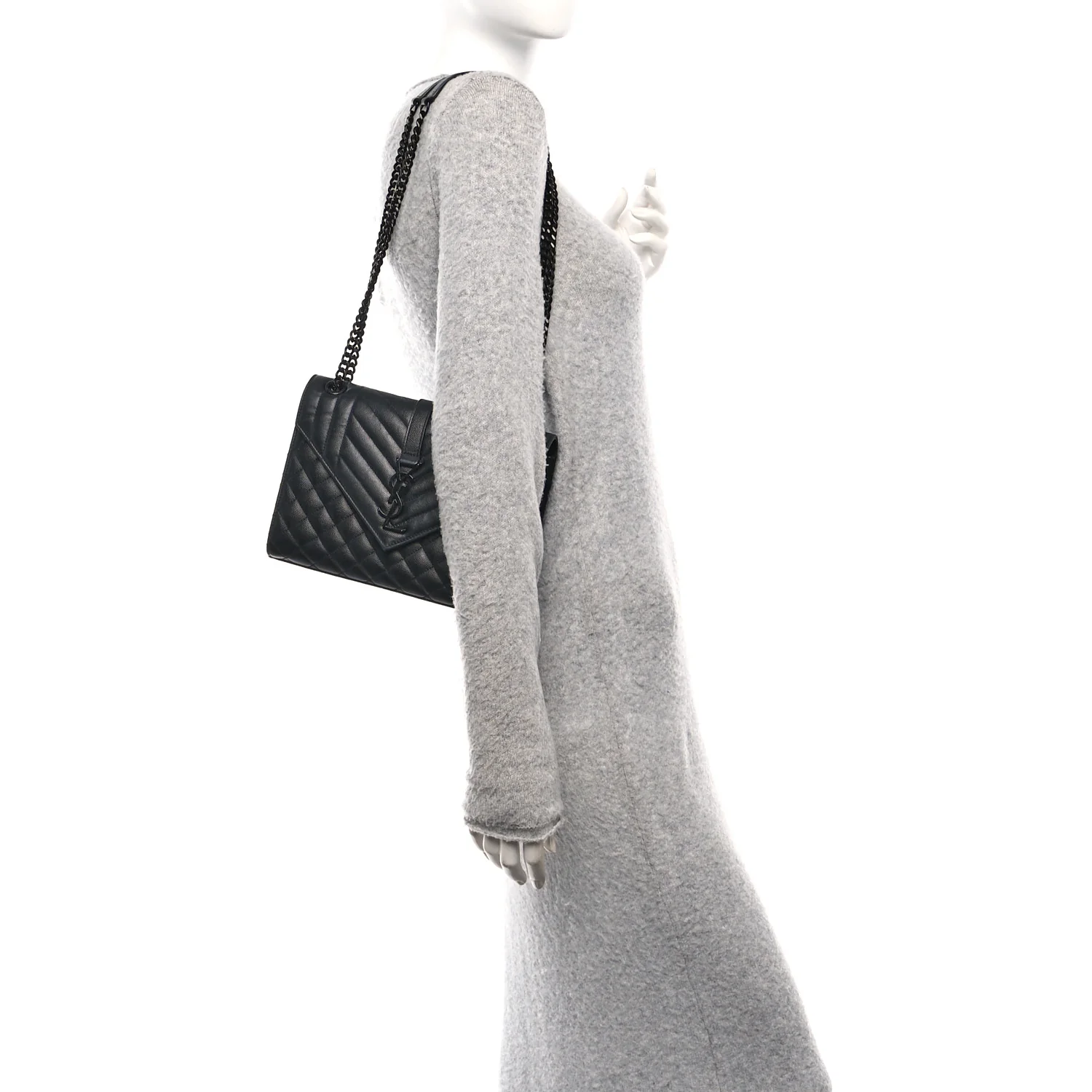 Grain De Poudre Textured Mixed Matelasse Triquilt Medium Monogram Monochrome Satchel Black - Image 2
