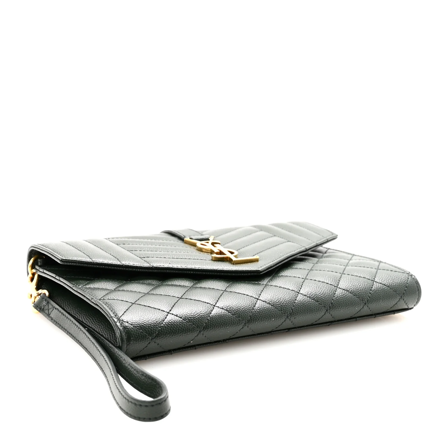 Grain De Poudre Textured Mixed Matelasse Triquilt Monogram Clutch Dark Green - Image 4