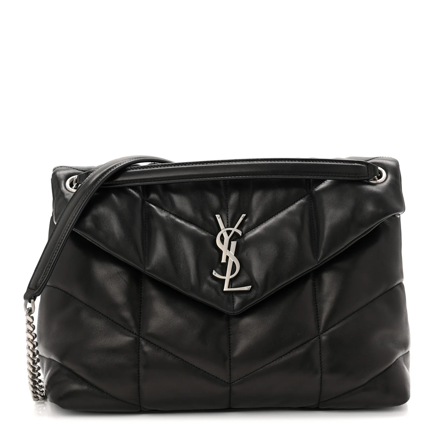 Lambskin Quilted Medium Loulou Puffer Monogram Chain Satchel Black