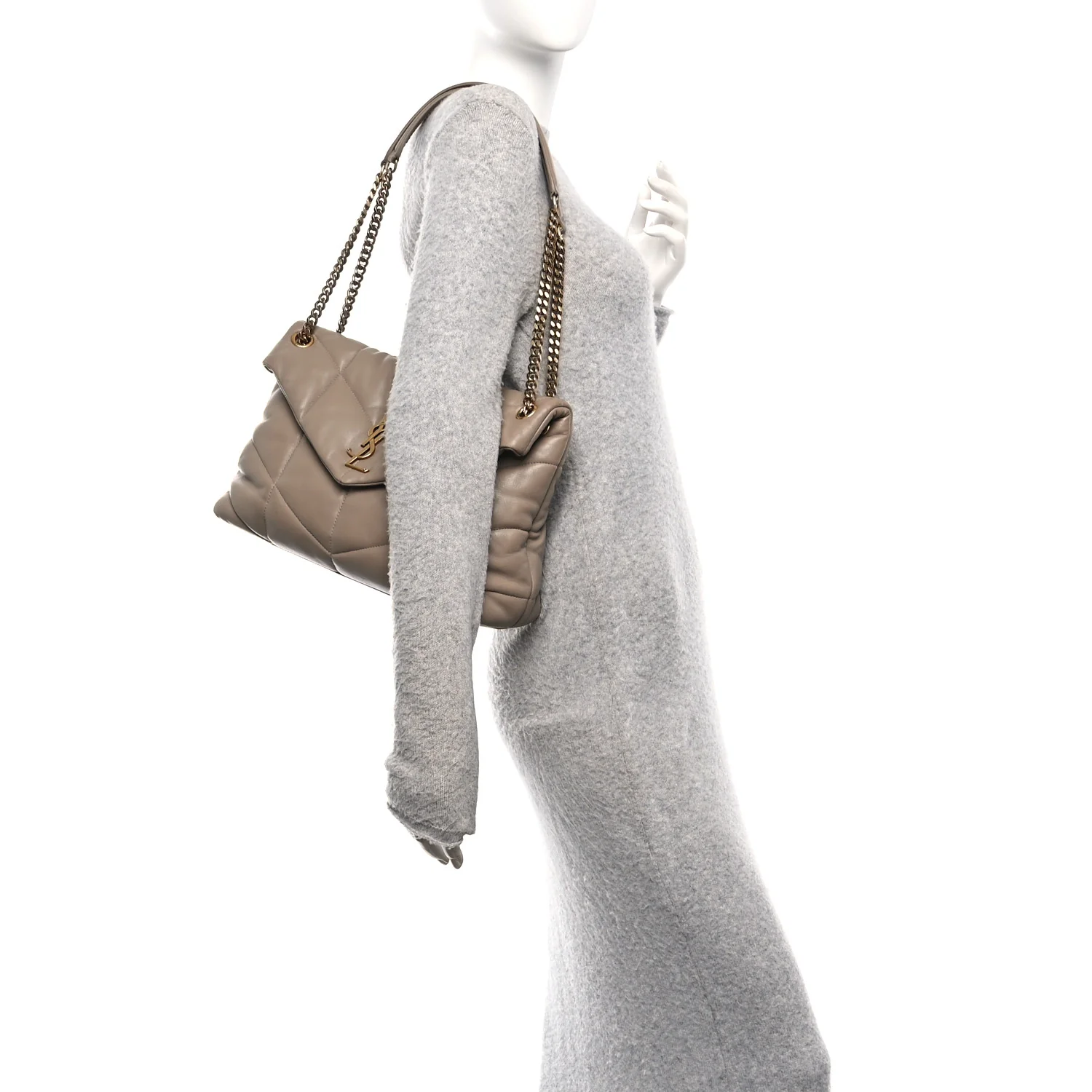 Lambskin Quilted Medium Loulou Puffer Monogram Chain Satchel Dusty Grey - Image 3
