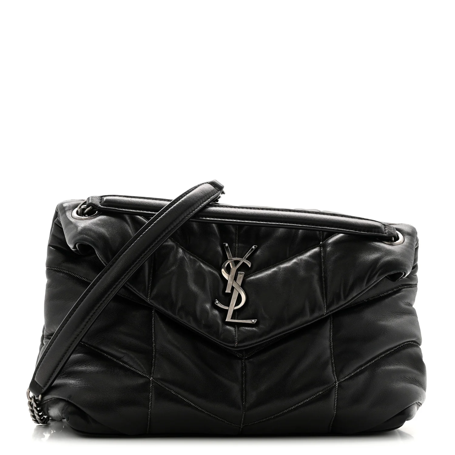 Lambskin Quilted Metal Small Loulou Puffer Monogram Chain Satchel Black