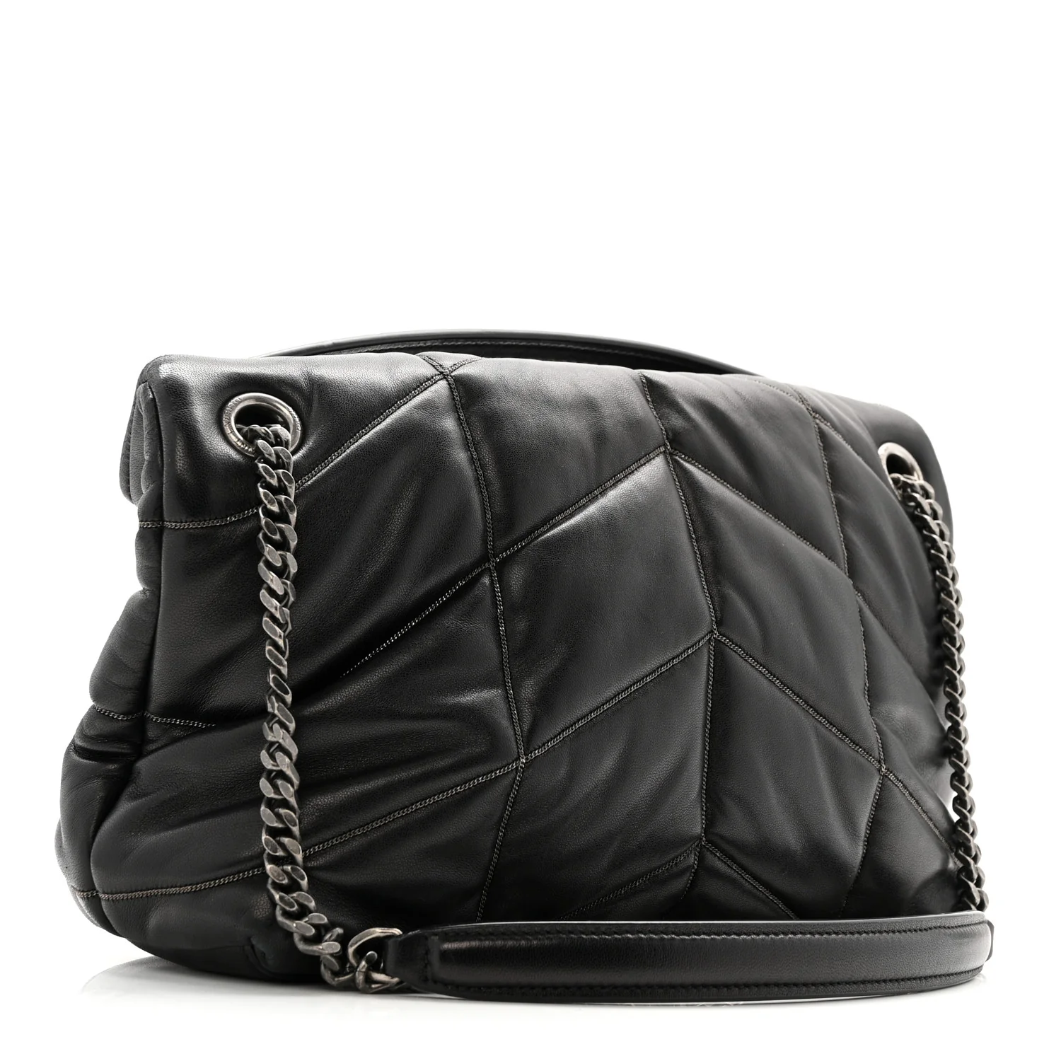 Lambskin Quilted Metal Small Loulou Puffer Monogram Chain Satchel Black - Image 3