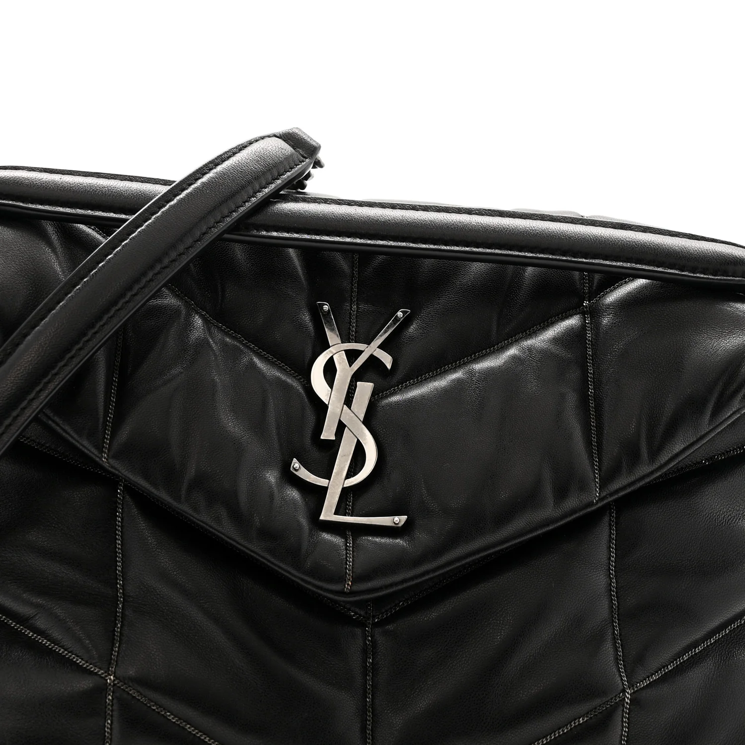 Lambskin Quilted Metal Small Loulou Puffer Monogram Chain Satchel Black - Image 8