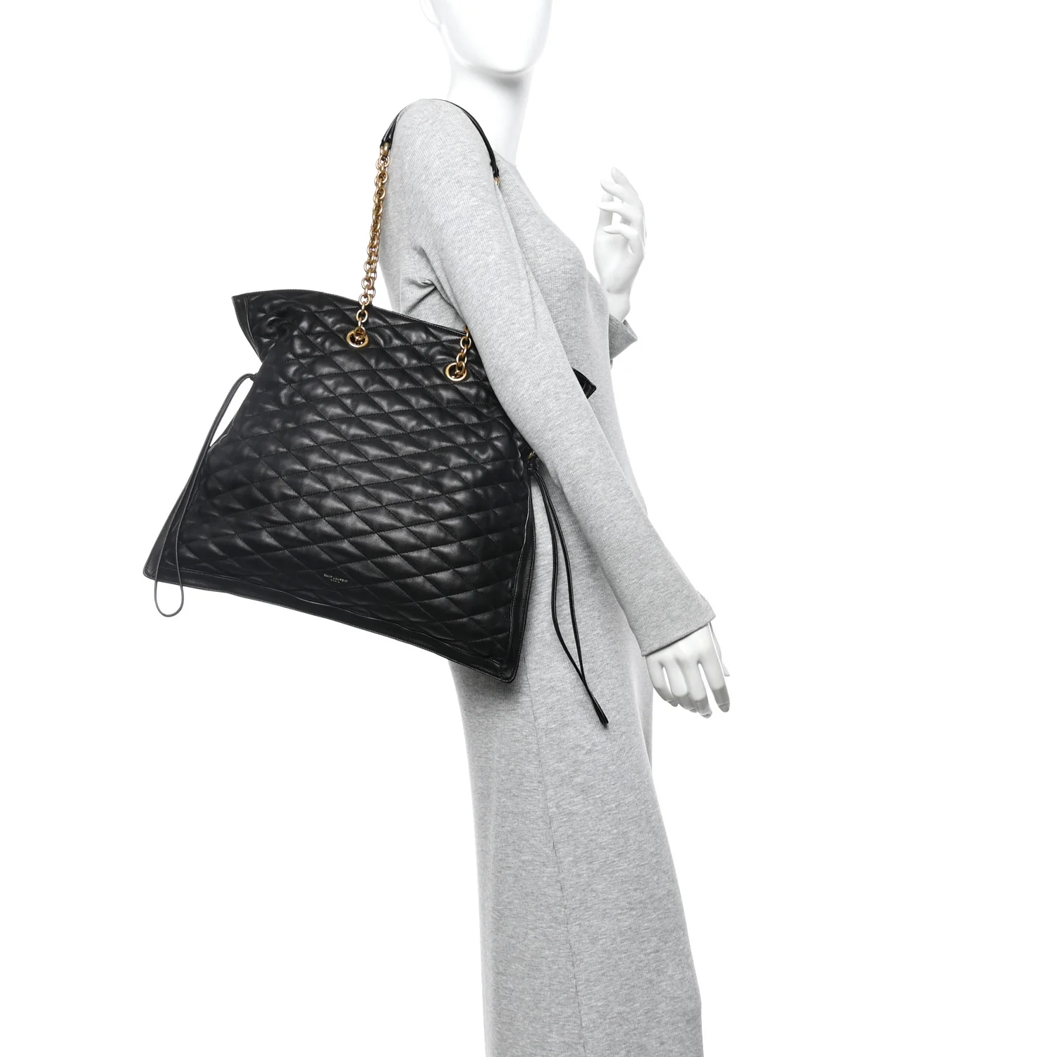 Lambskin Quilted Pochon Drawstring Tote Bag Black - Image 2