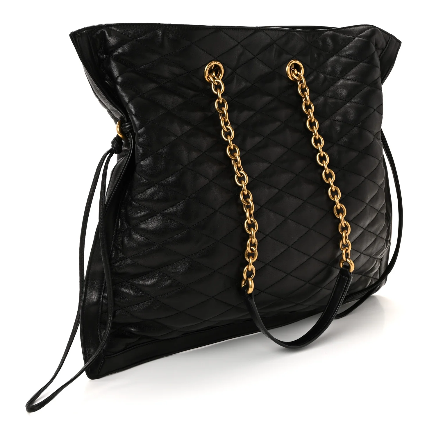 Lambskin Quilted Pochon Drawstring Tote Bag Black - Image 3