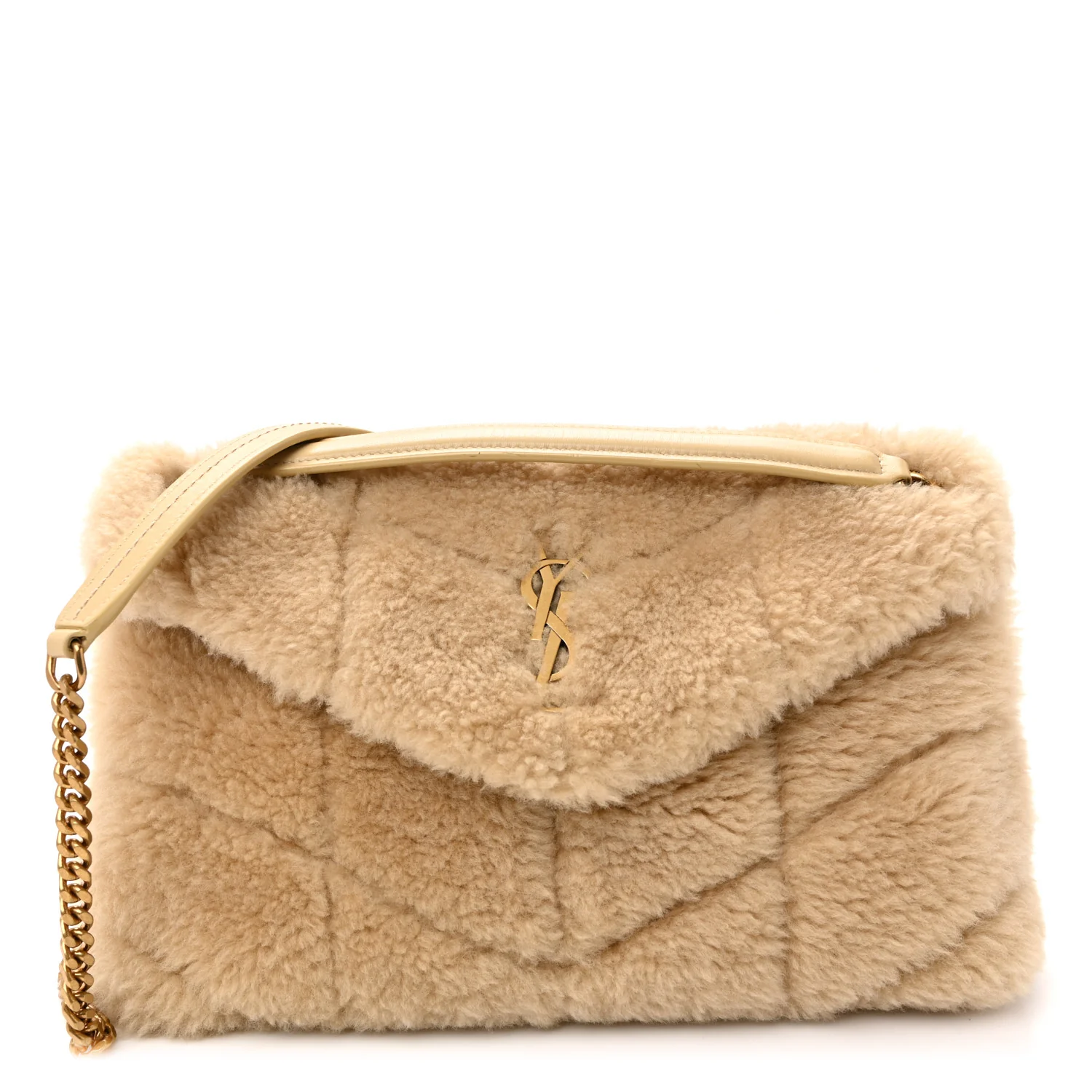 Merino Shearling Lambskin Quilted Small Loulou Puffer Monogram Chain Satchel Natural Beige