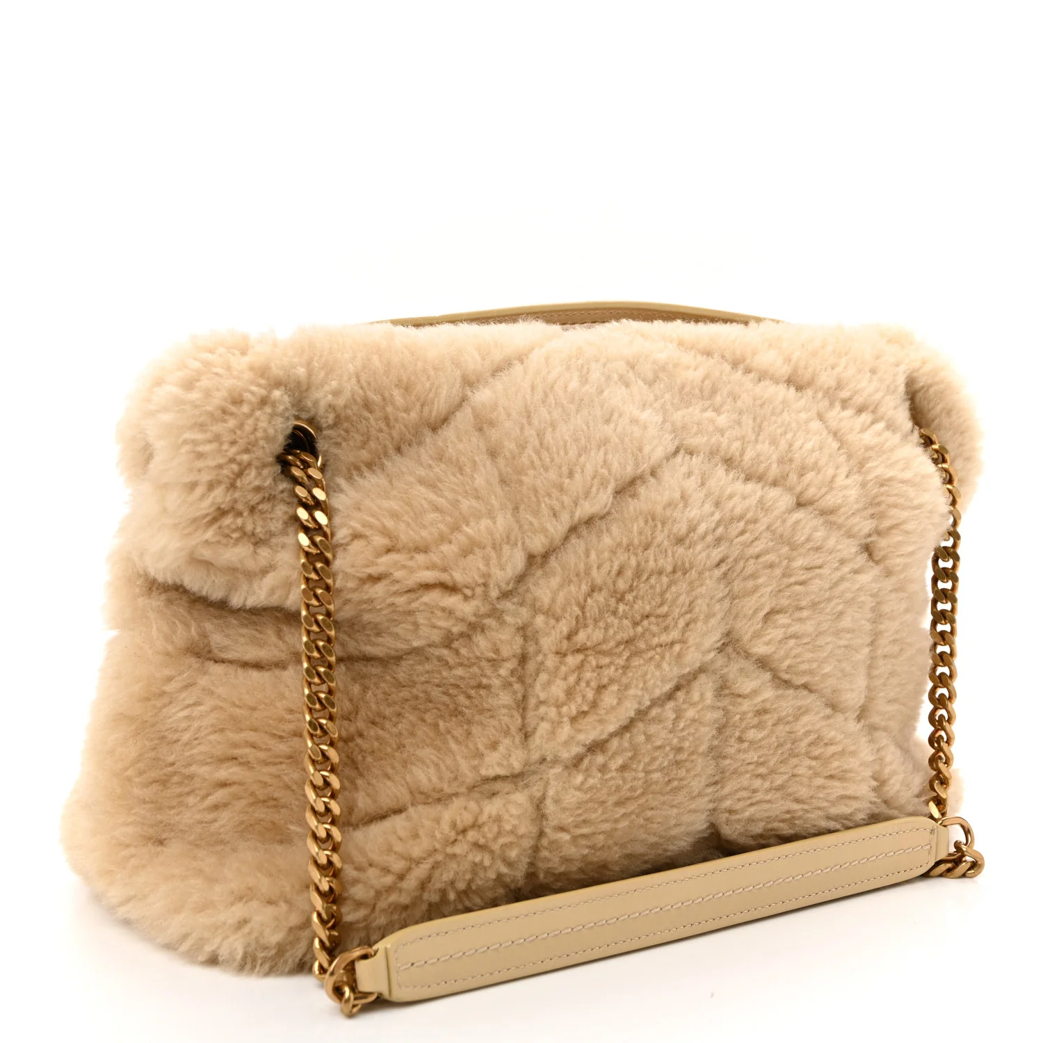 Merino Shearling Lambskin Quilted Small Loulou Puffer Monogram Chain Satchel Natural Beige - Image 3