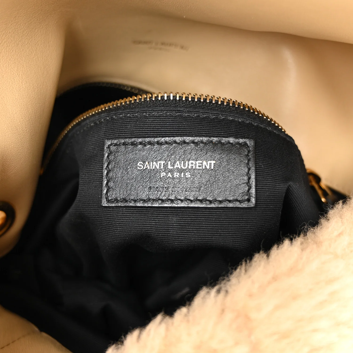 Merino Shearling Lambskin Quilted Small Loulou Puffer Monogram Chain Satchel Natural Beige - Image 6
