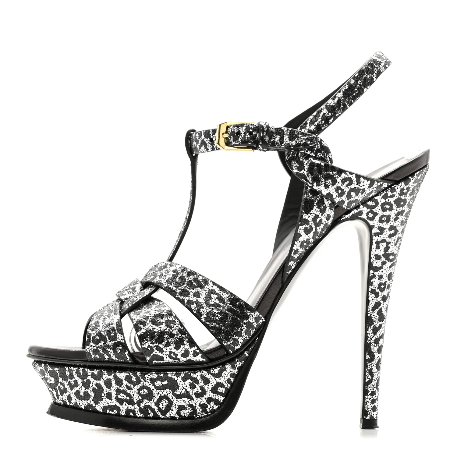 Metallic Calfskin Leopard Print Tribute 105 Platform Sandals 38 Black Silver