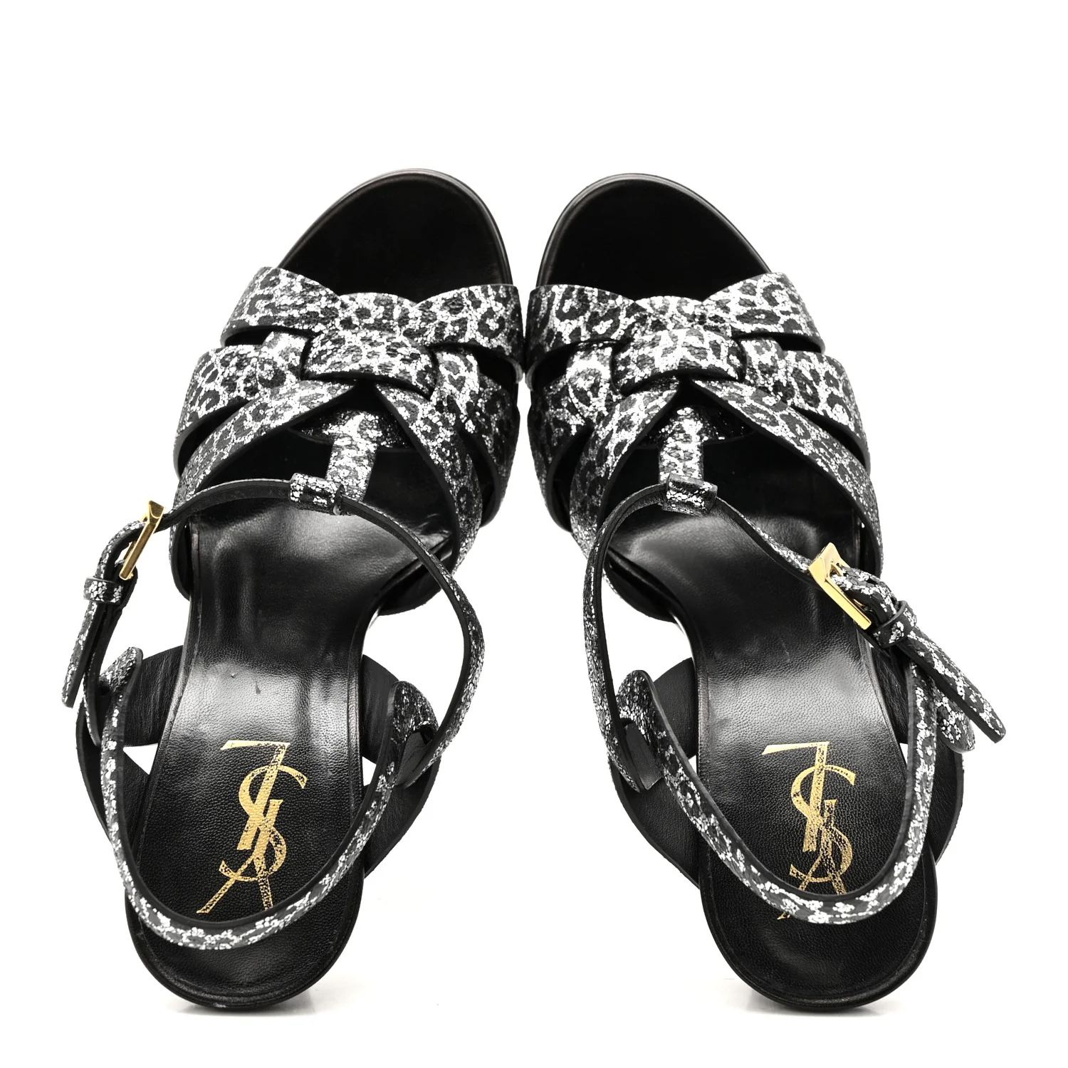 Metallic Calfskin Leopard Print Tribute 105 Platform Sandals 38 Black Silver - Image 2