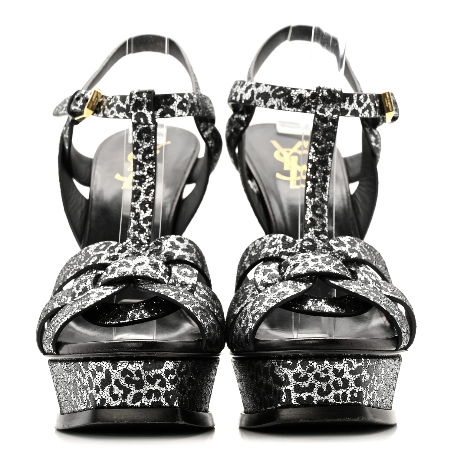 Metallic Calfskin Leopard Print Tribute 105 Platform Sandals 38 Black Silver - Image 3