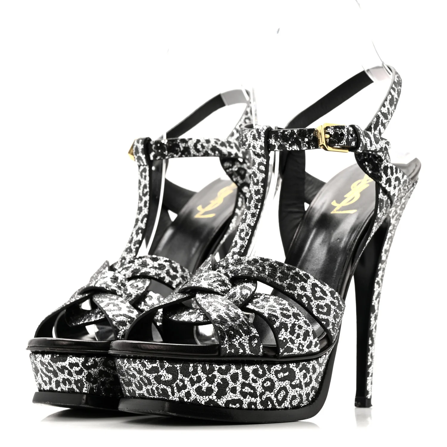 Metallic Calfskin Leopard Print Tribute 105 Platform Sandals 38 Black Silver - Image 4