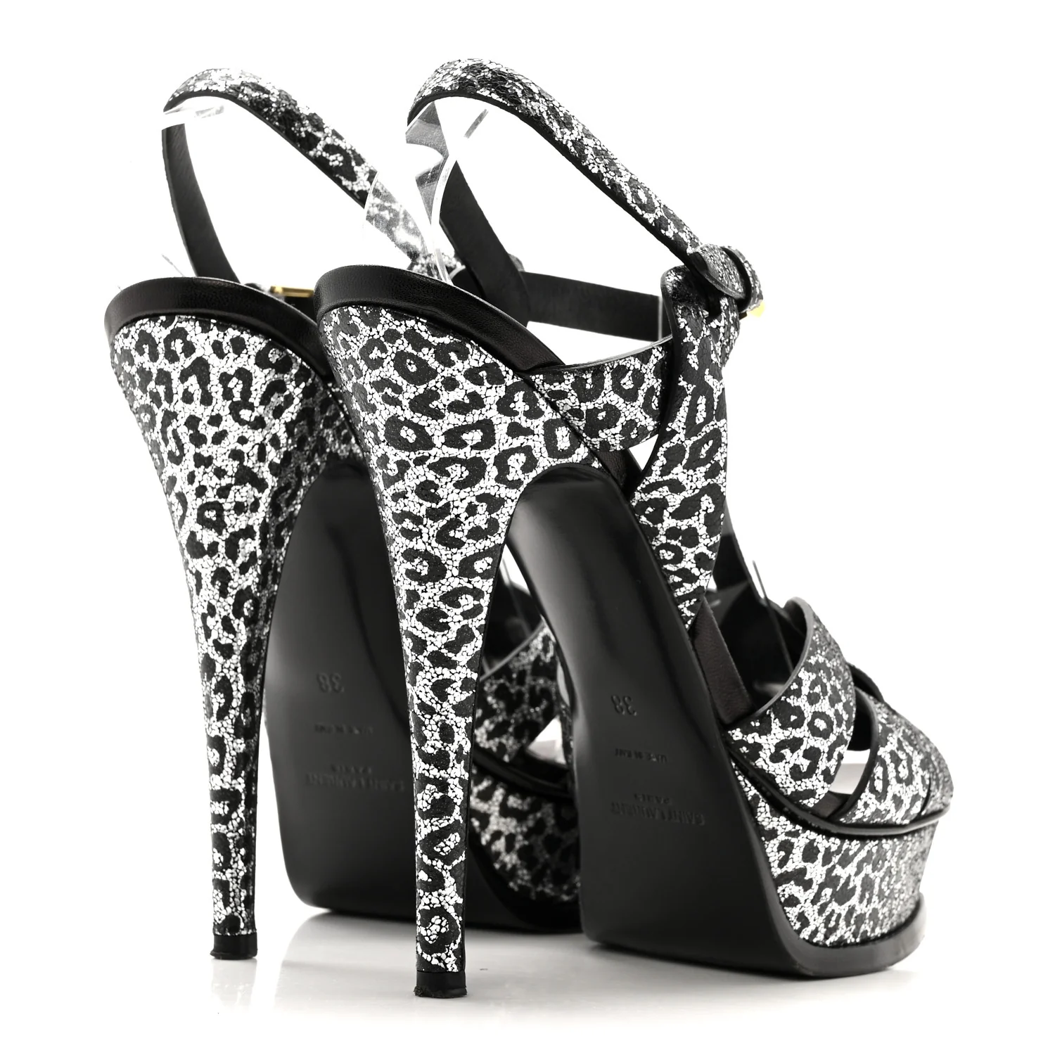 Metallic Calfskin Leopard Print Tribute 105 Platform Sandals 38 Black Silver - Image 5