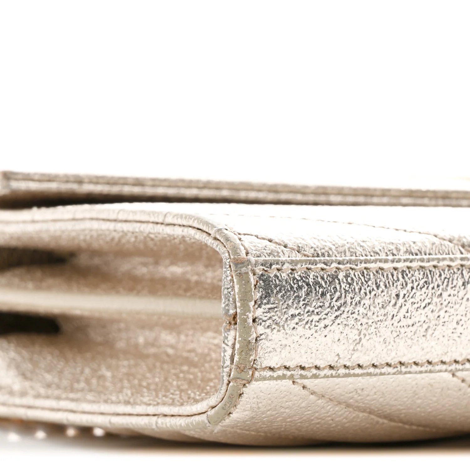 Metallic Crackled Calfskin Matelasse Chevron Monogram Chain Wallet Gold - Image 10