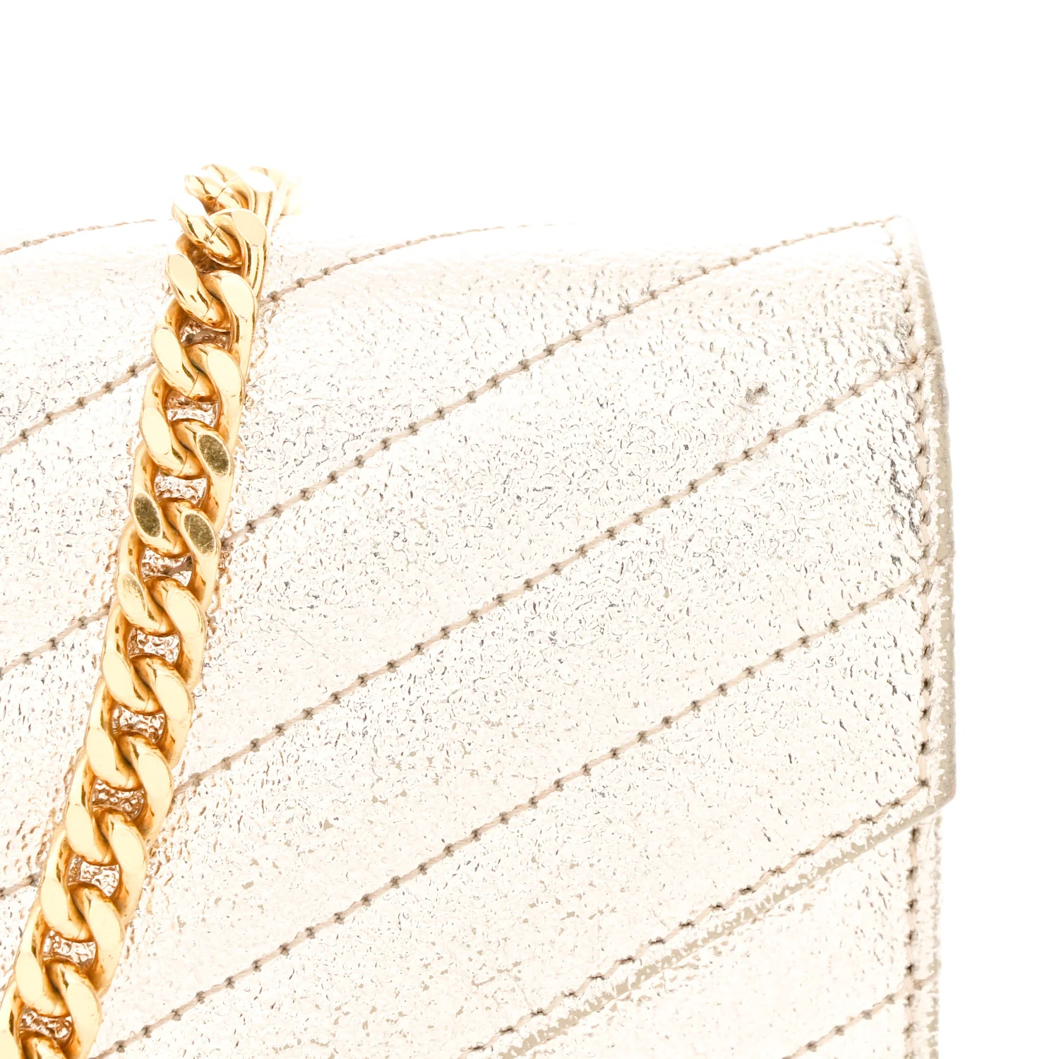 Metallic Crackled Calfskin Matelasse Chevron Monogram Chain Wallet Gold - Image 12