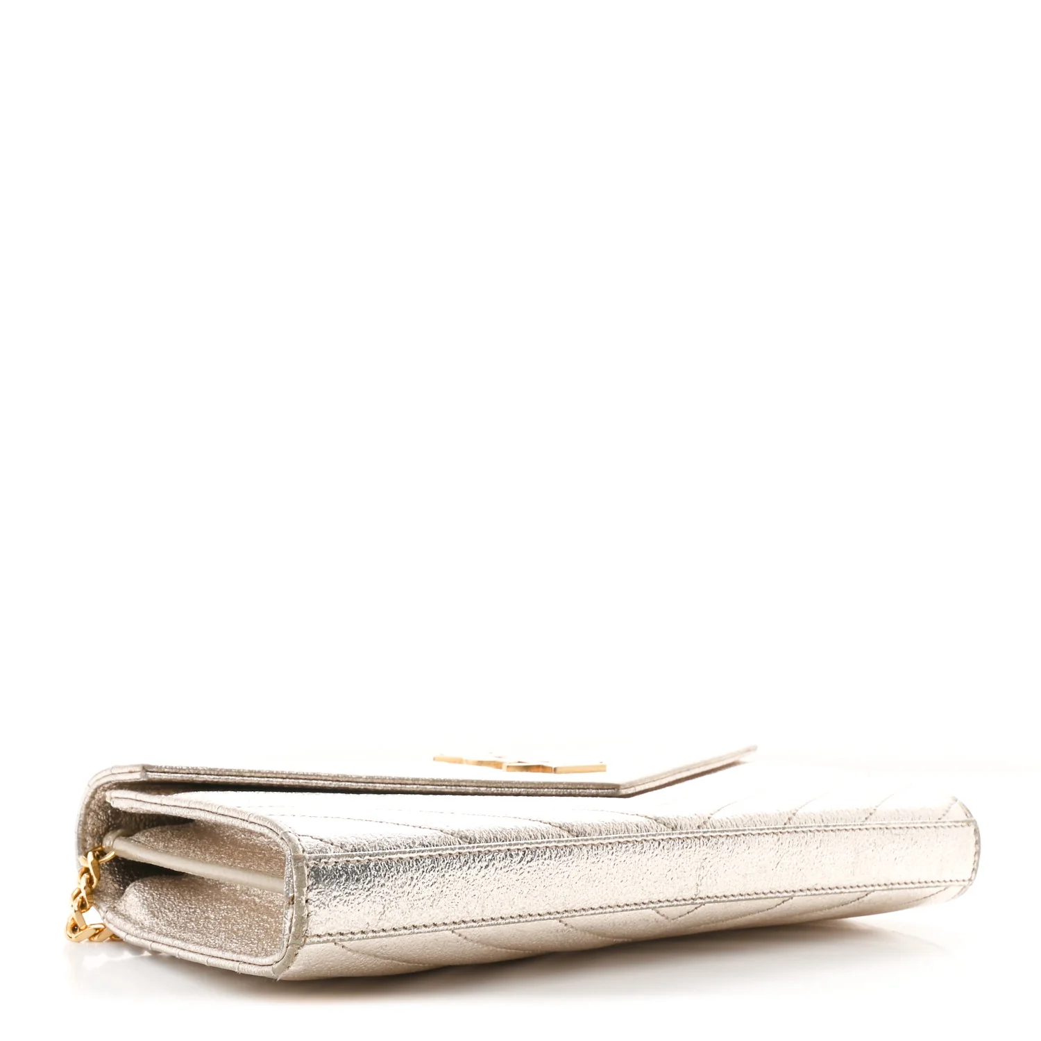 Metallic Crackled Calfskin Matelasse Chevron Monogram Chain Wallet Gold - Image 4