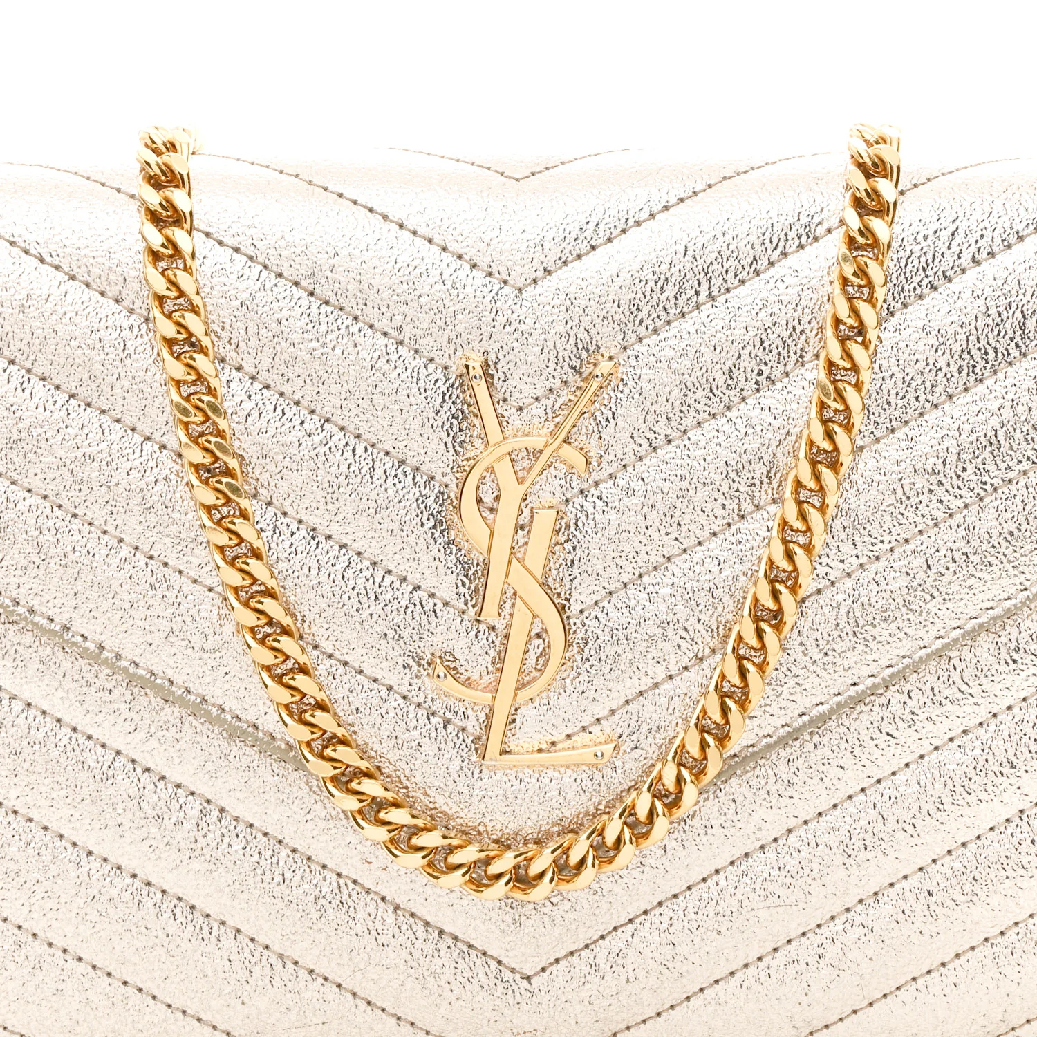 Metallic Crackled Calfskin Matelasse Chevron Monogram Chain Wallet Gold - Image 9