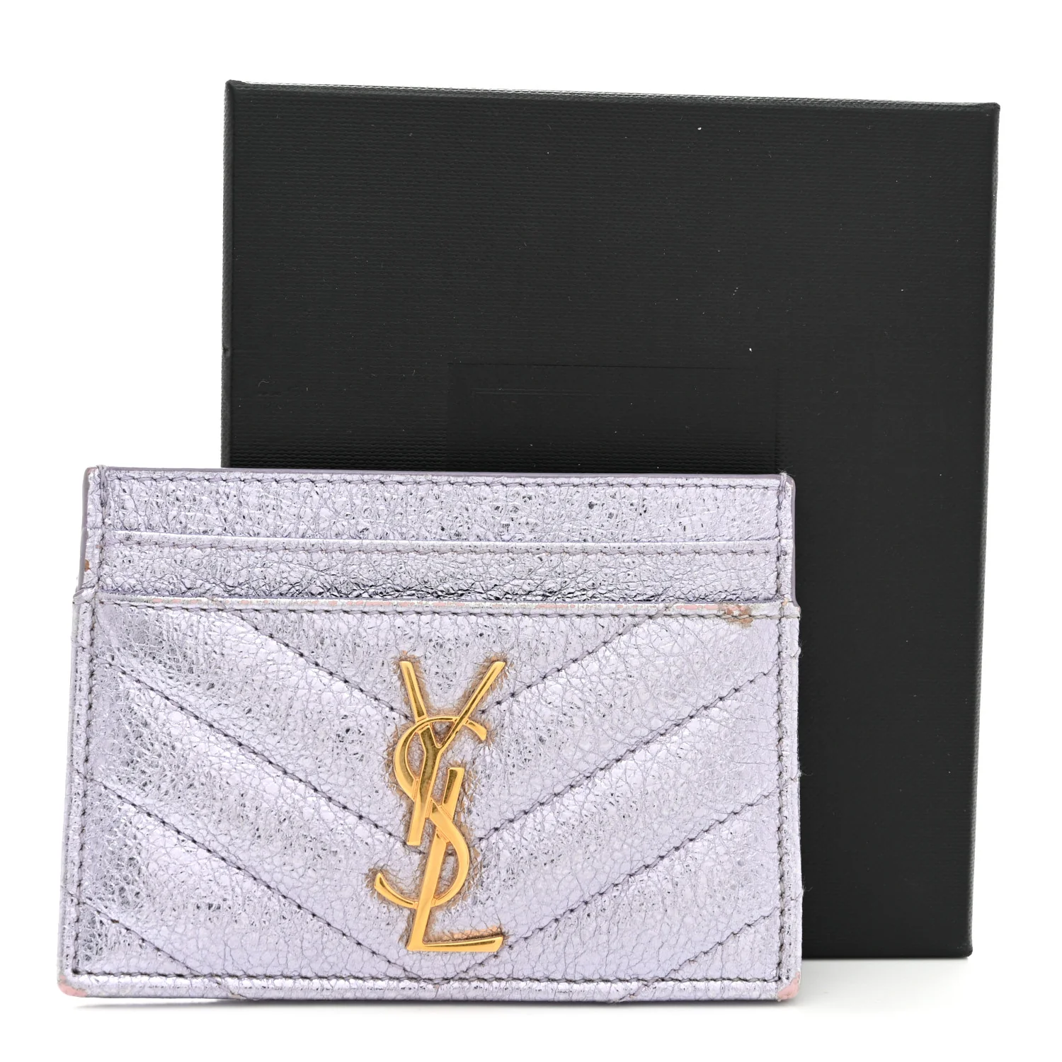 Metallic Crackled Calfskin Matelasse Chevron Monogram Credit Card Case Silver - Image 9