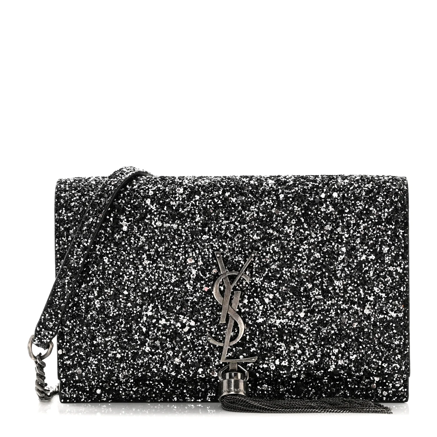 Metallic Glitter Classic Monogram Kate Tassel Chain Wallet Gun Metal Black
