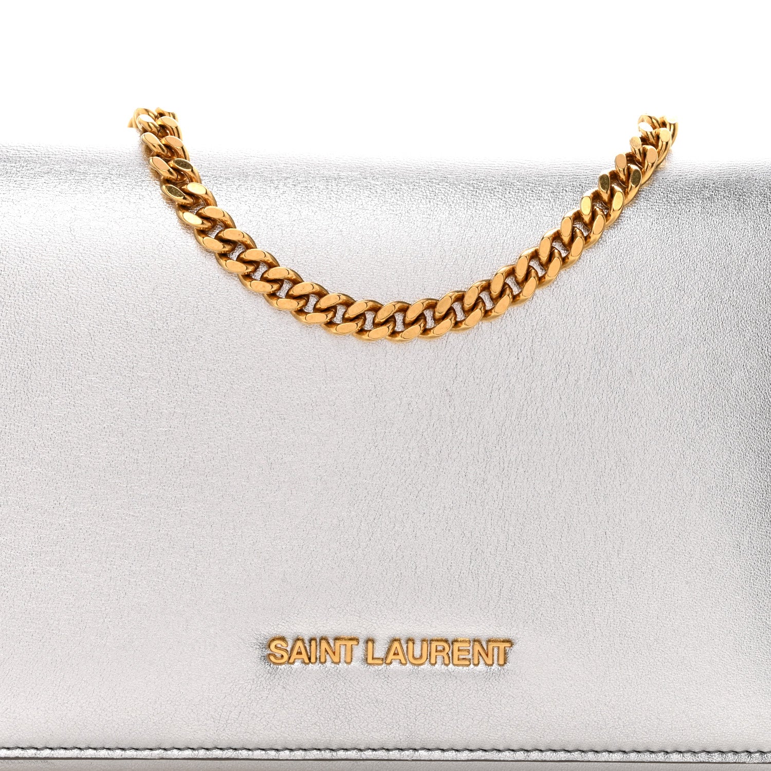 Metallic Grained Calfskin Classic Letters Chain Wallet Argento - Image 18