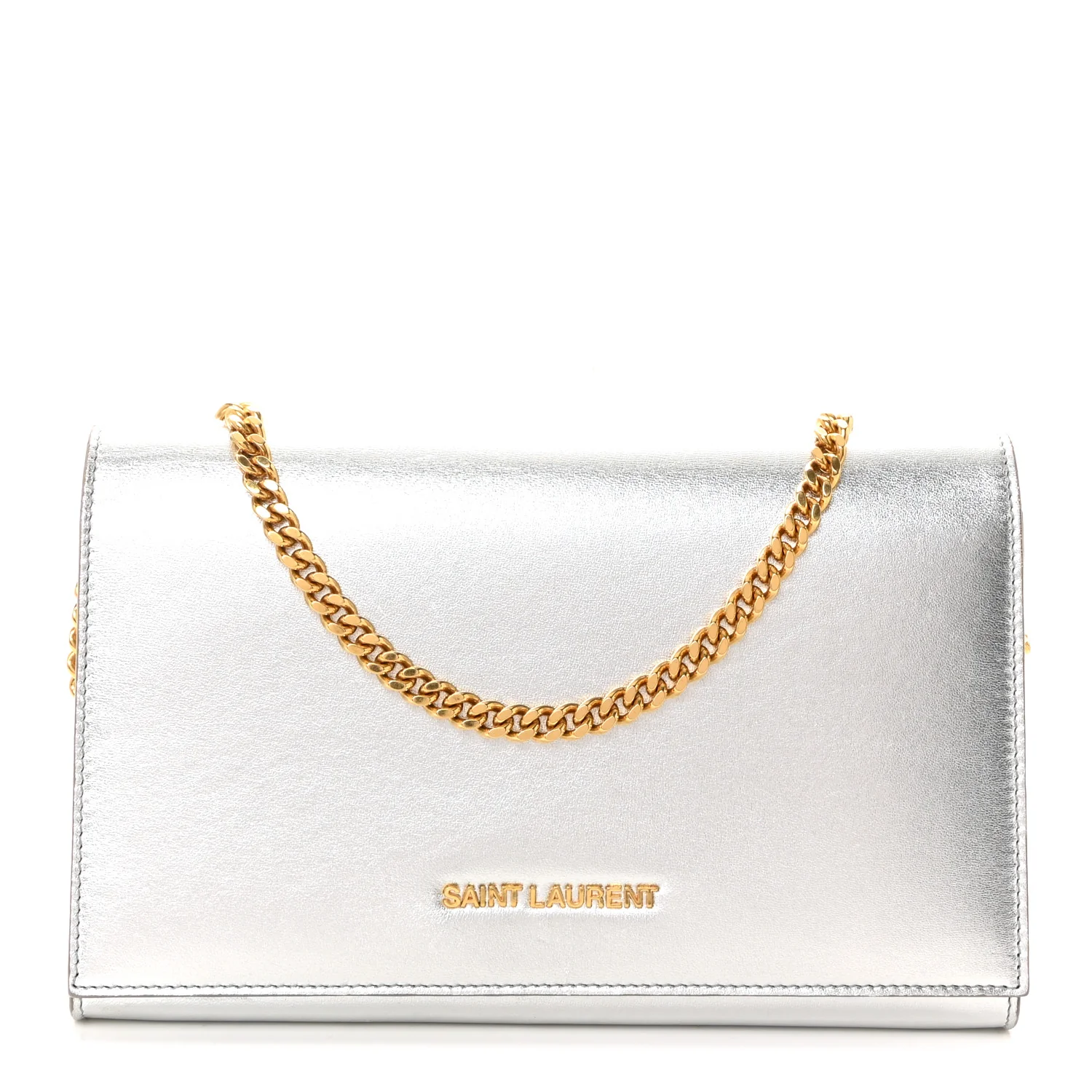 Metallic Grained Calfskin Classic Letters Chain Wallet Argento - Image 3
