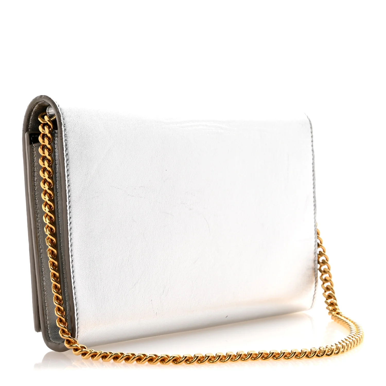 Metallic Grained Calfskin Classic Letters Chain Wallet Argento - Image 5