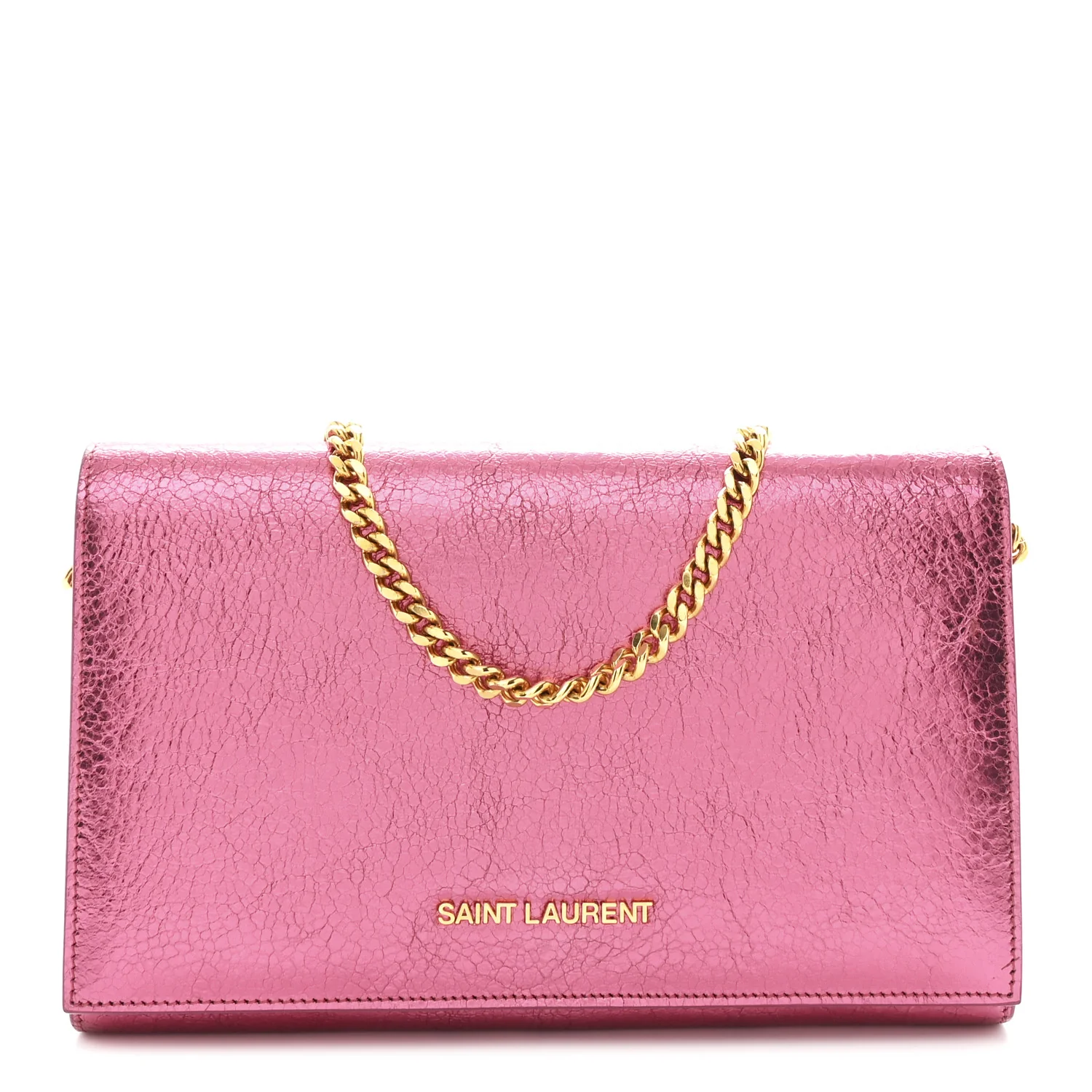 Metallic Grained Calfskin Classic Letters Chain Wallet New Pink