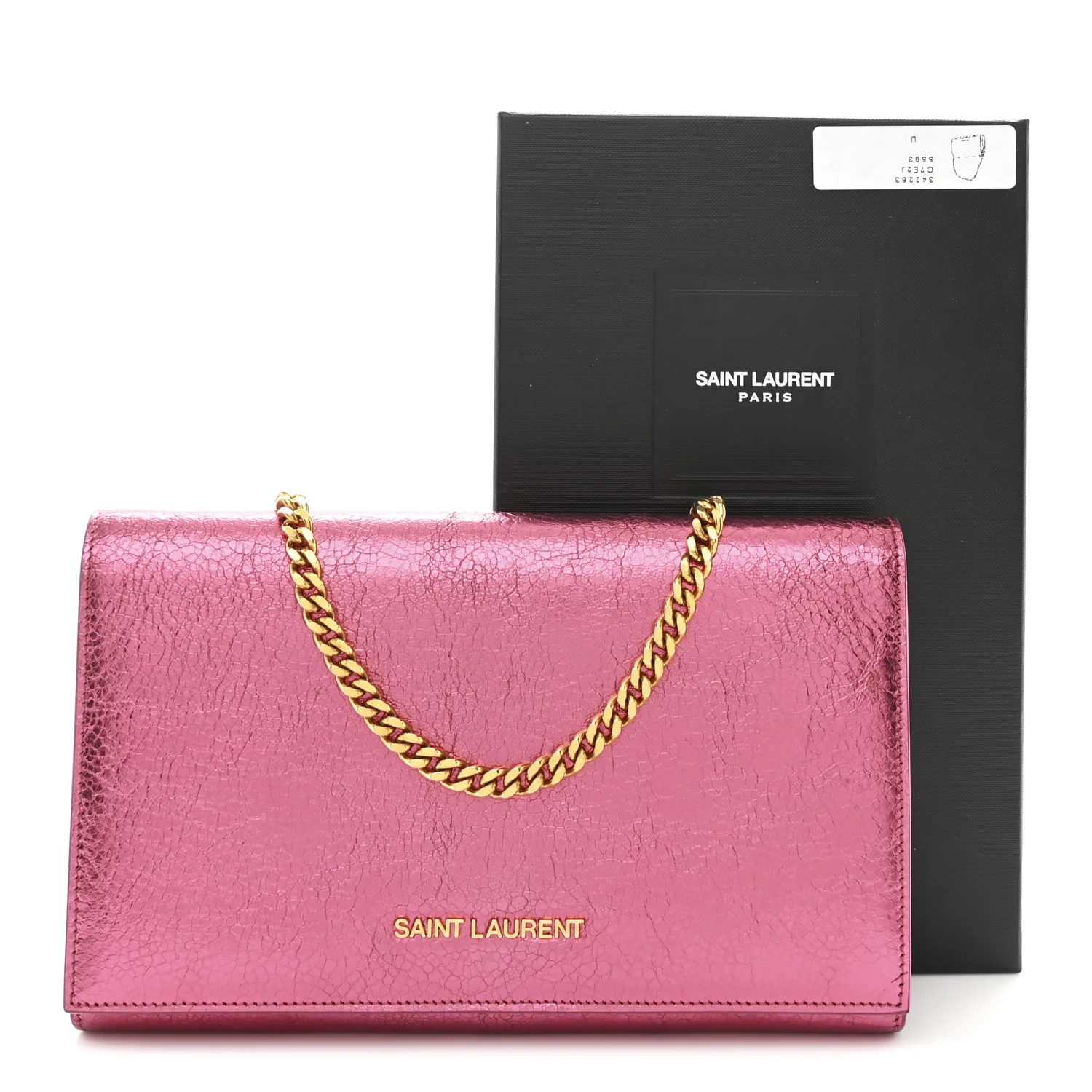 Metallic Grained Calfskin Classic Letters Chain Wallet New Pink - Image 11