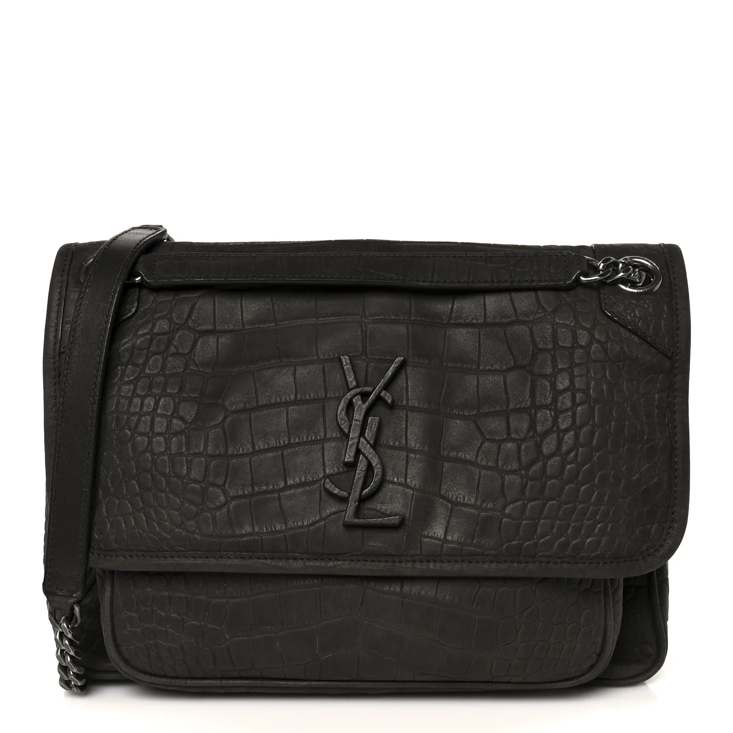 Nubuck Crocodile Embossed Monogram Medium Niki Chain Satchel Wood