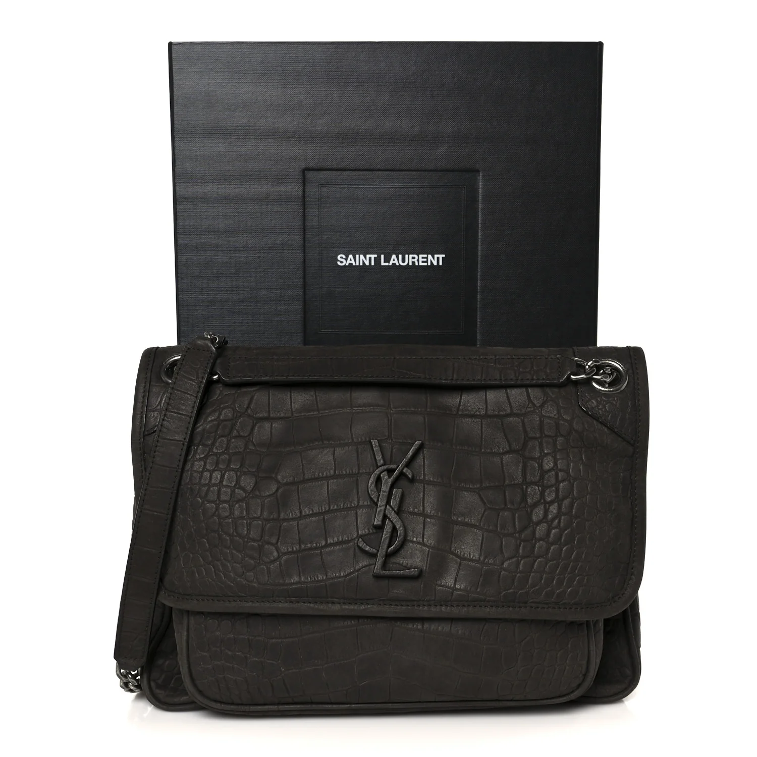 Nubuck Crocodile Embossed Monogram Medium Niki Chain Satchel Wood - Image 11