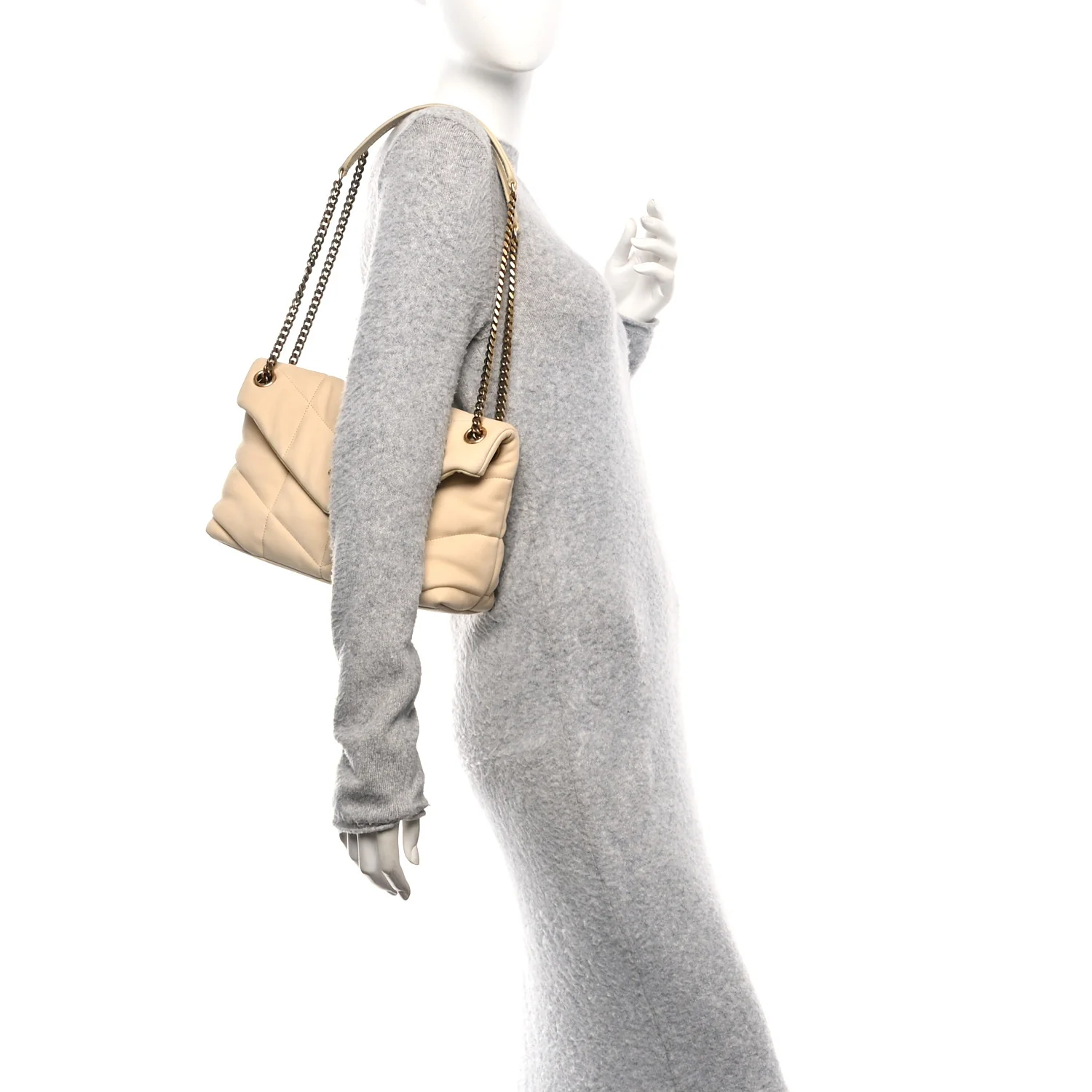 Nubuck Suede Quilted Small Loulou Puffer Monogram Chain Satchel Beige - Image 2