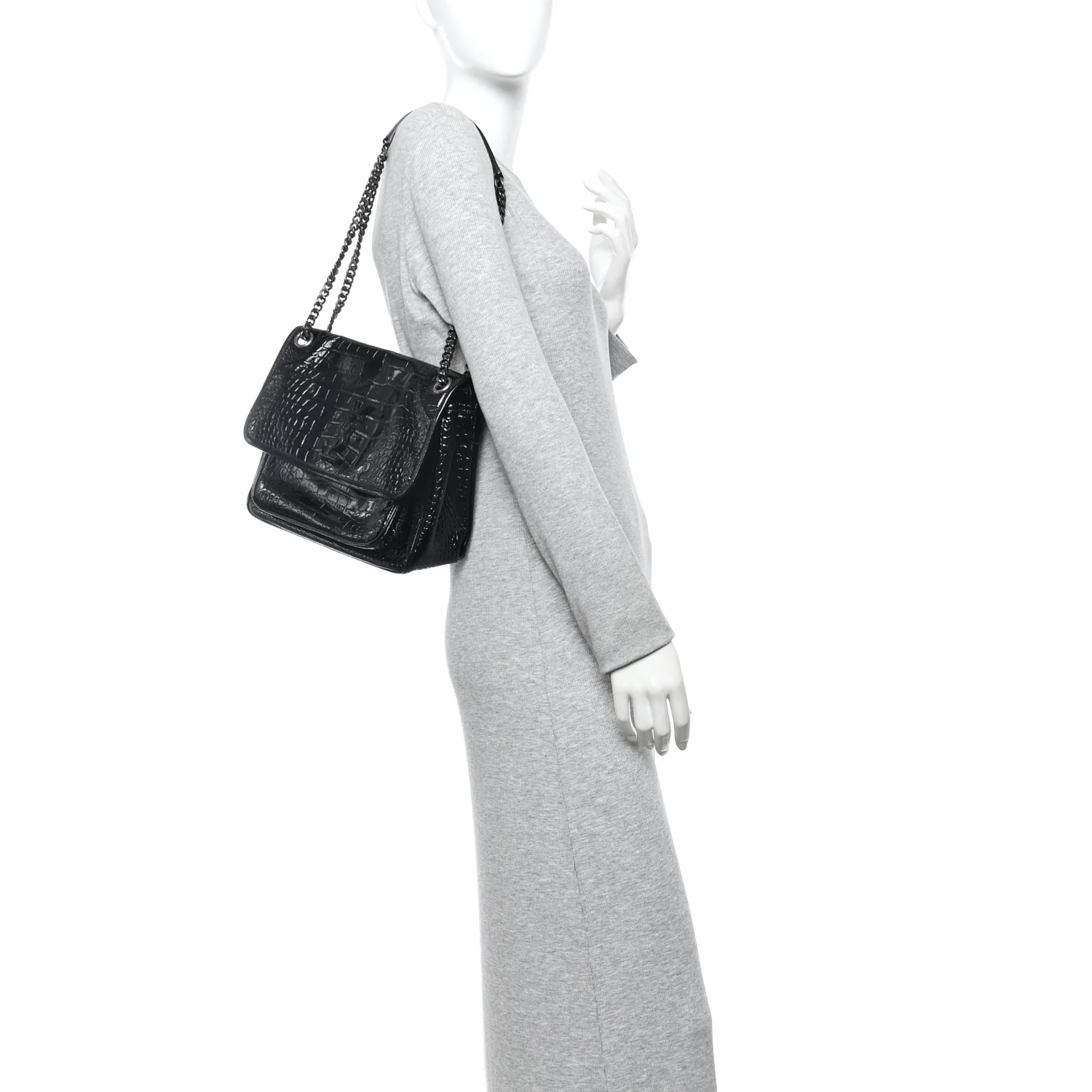 Patent Crocodile Embossed Lambskin Monogram Medium Niki Chain Satchel Black - Image 2