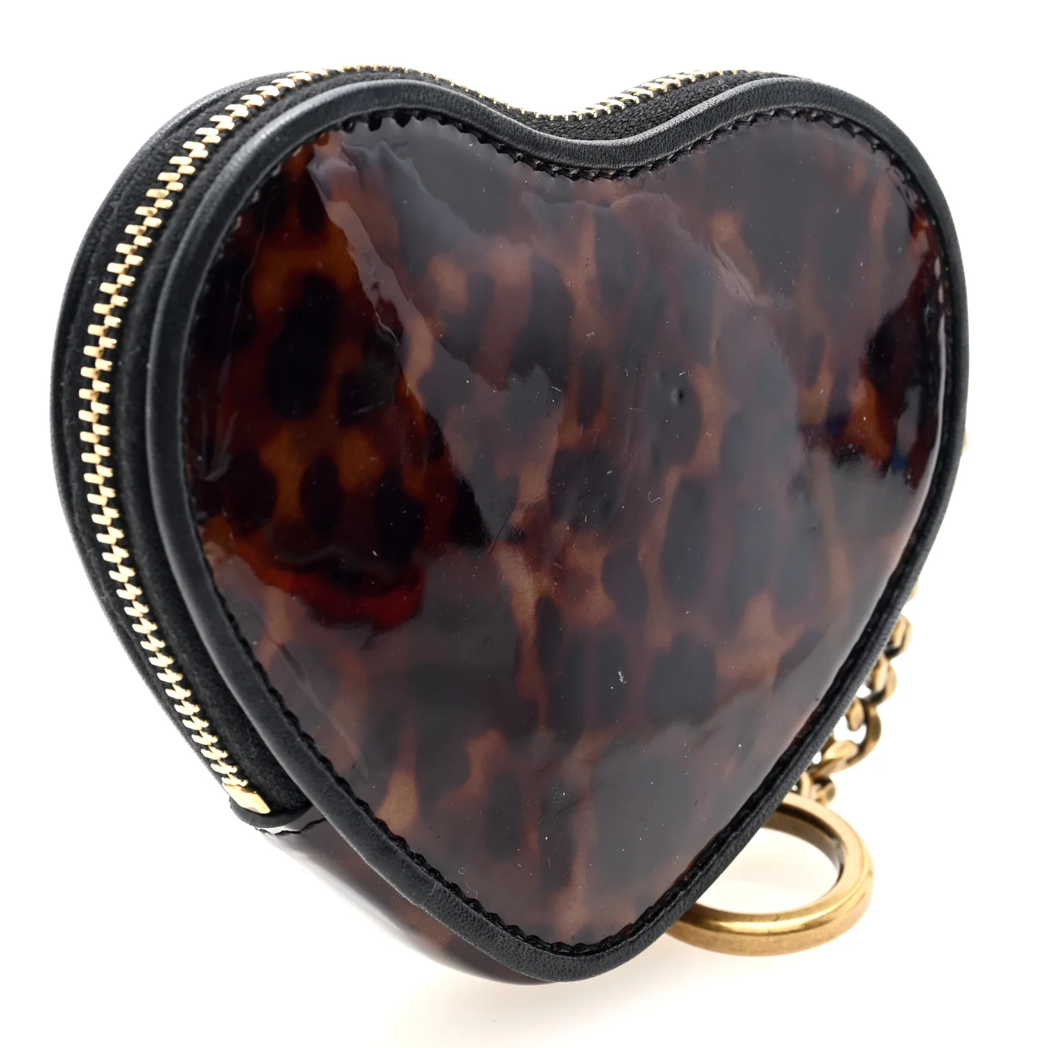 Patent Leopard Print Monogram Heart Key Pouch Tortoise Brown Black - Image 3