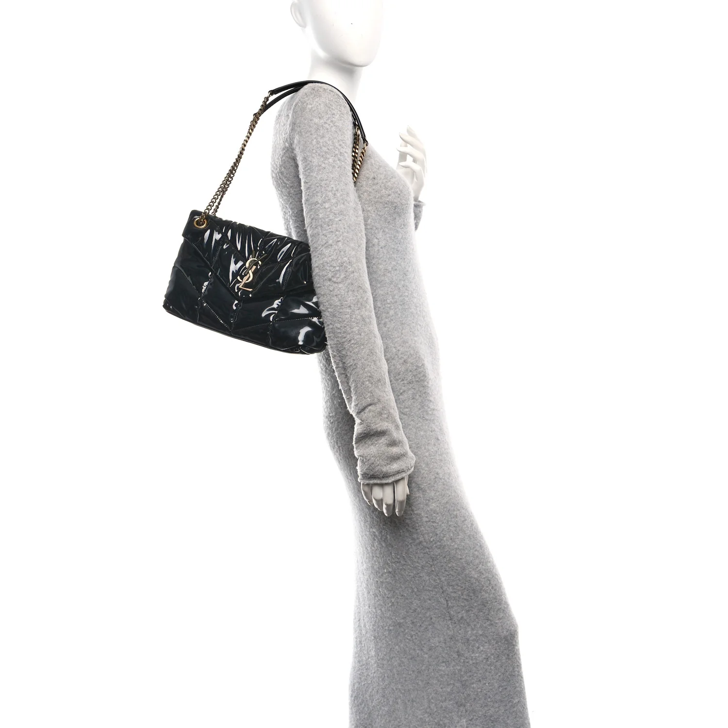 Patent Quilted Small Loulou Puffer Monogram Chain Satchel Black - Image 2