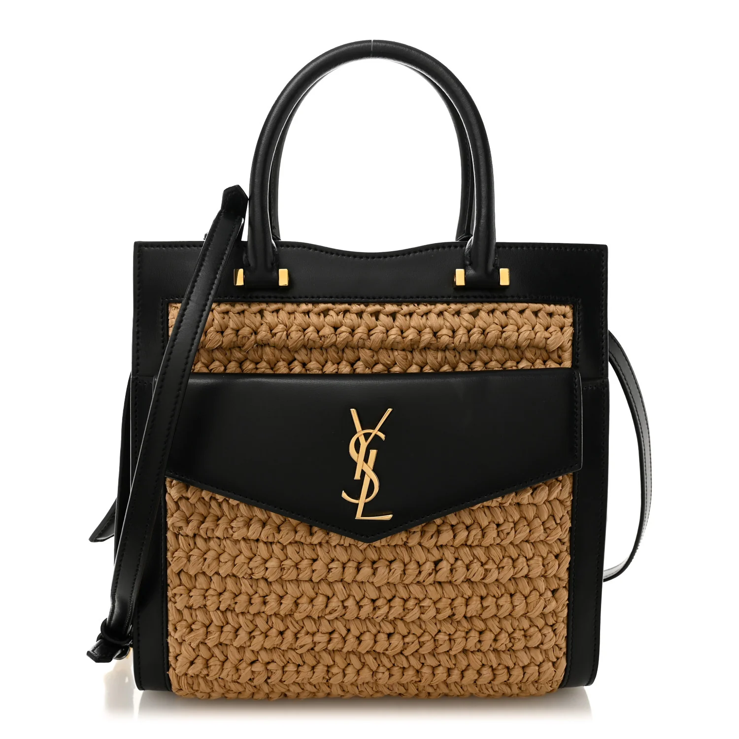 Raffia Calfskin Small Uptown Tote Black Natural