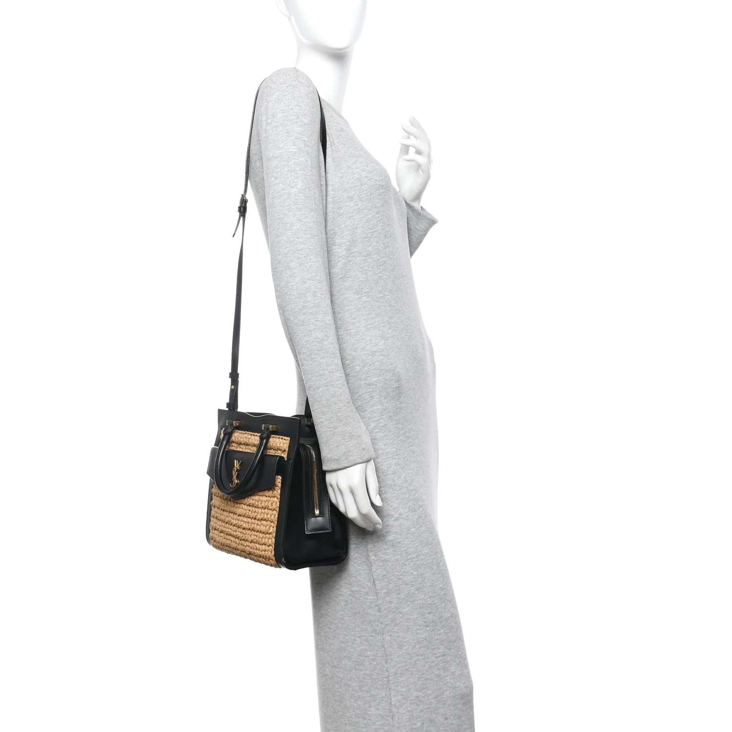 Raffia Calfskin Small Uptown Tote Black Natural - Image 2
