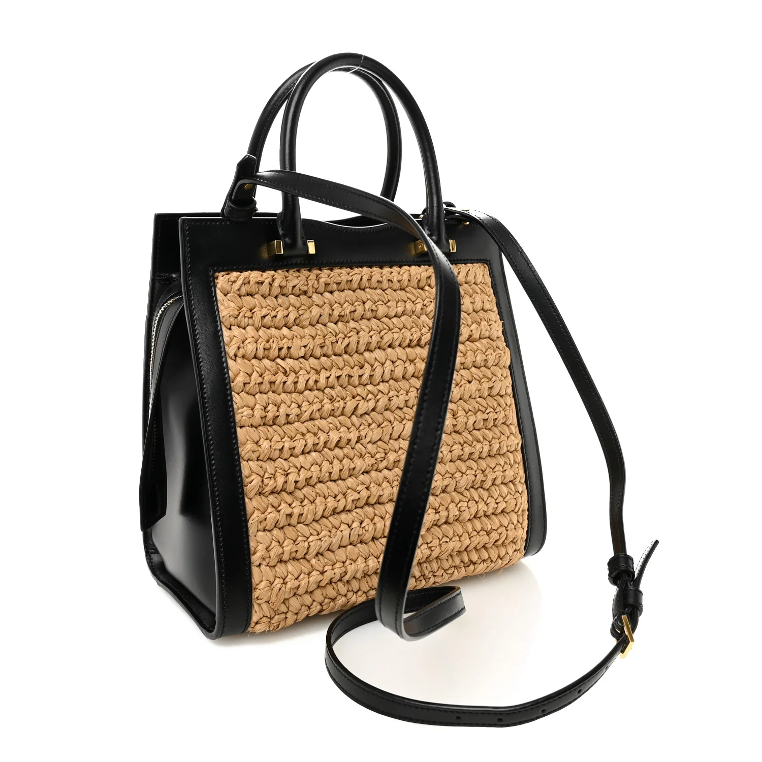 Raffia Calfskin Small Uptown Tote Black Natural - Image 3